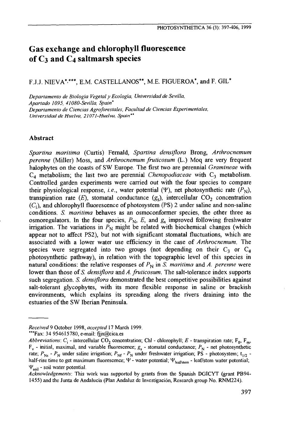 Gas Exchange and Chlorophyll Fluorescence of C3 and C4 Saltmarsh Species by Unknown