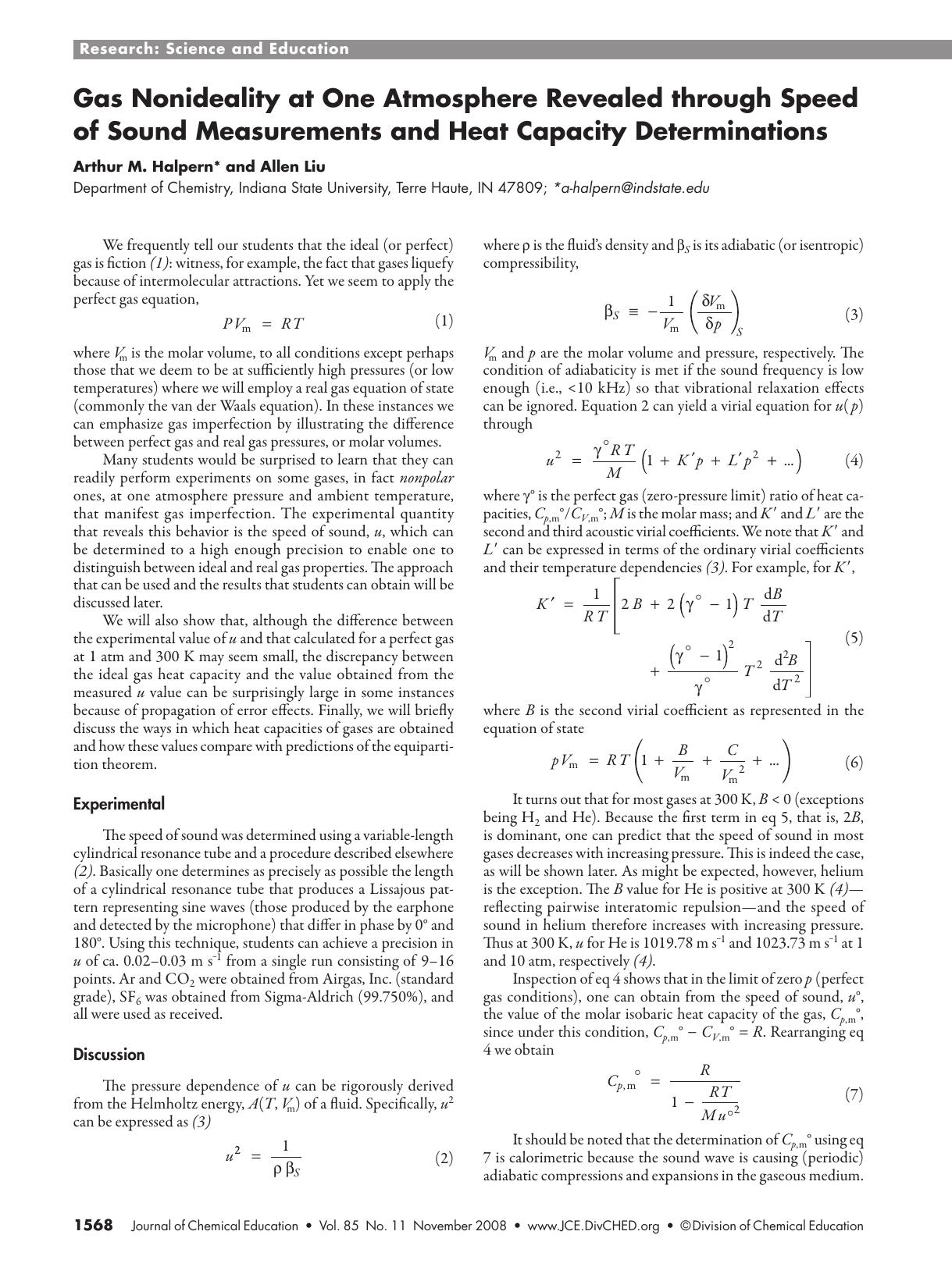 Gas Nonideality at One Atmosphere Revealed Through Speed of Sound Measurements and Heat Capacity Determinations by Arthur M. Halpern and Allan Liu