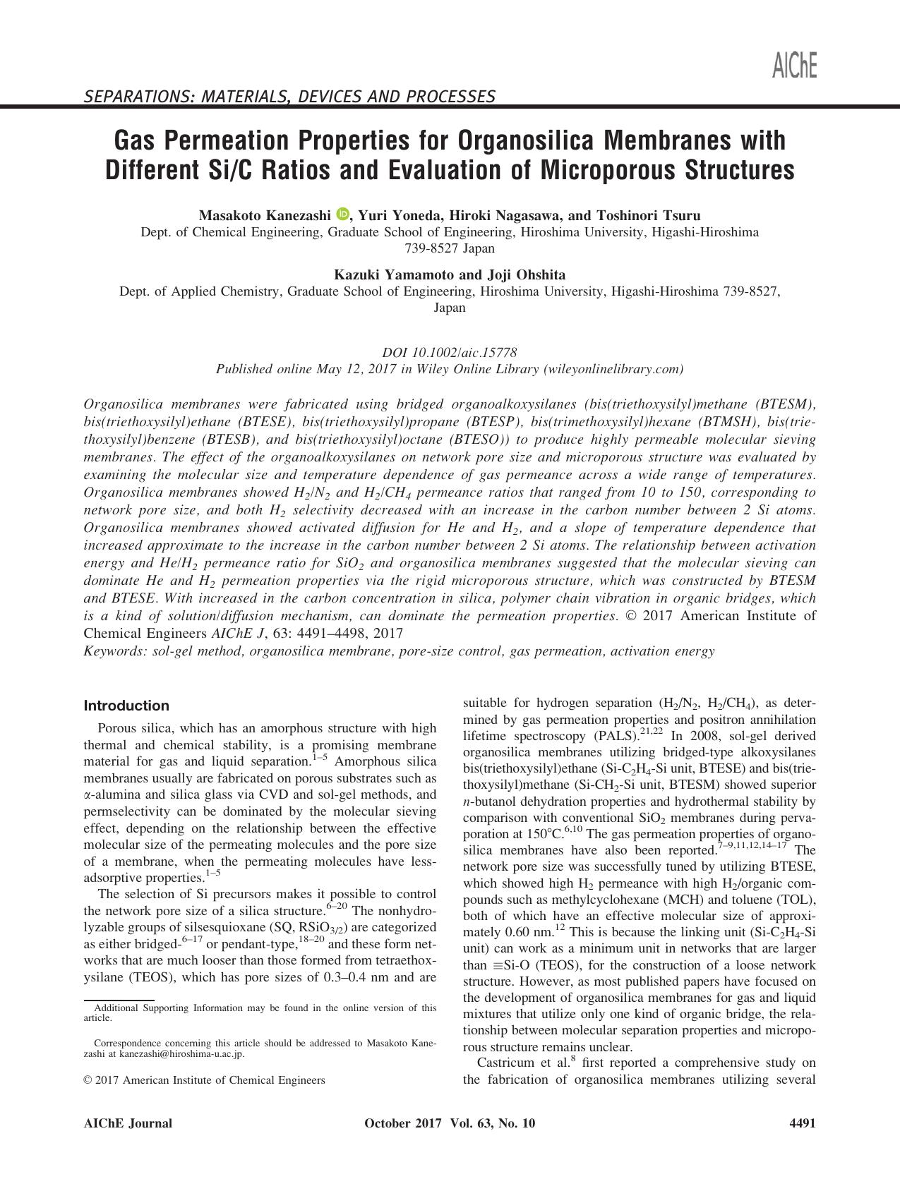 Gas Permeation Properties for Organosilica Membranes with Different SiC Ratios and Evaluation of Microporous Structures by Unknown