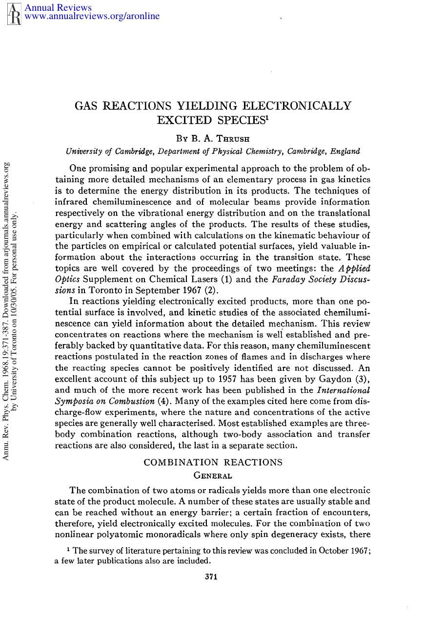 Gas Reactions Yielding Electronically Excited Species by B A Thrush