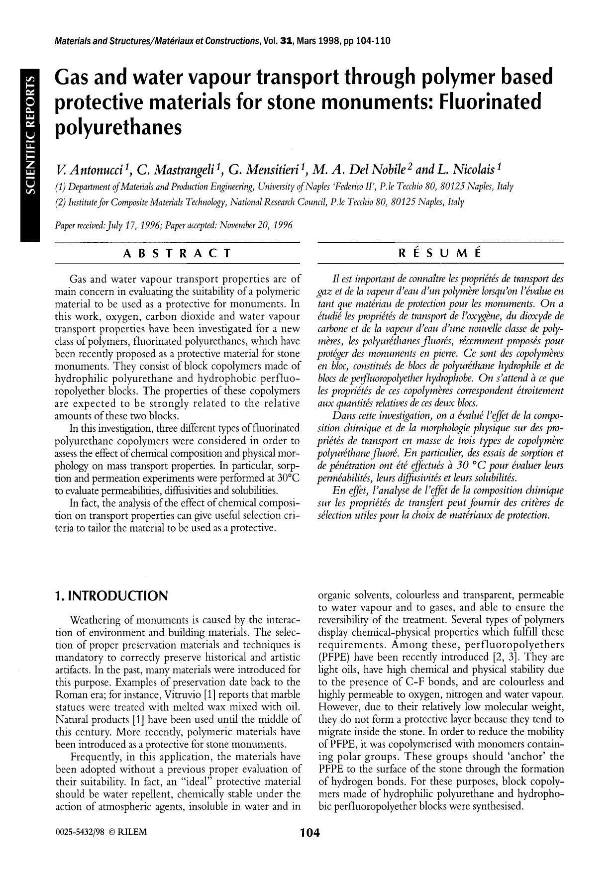 Gas and water vapour transport through polymer based protective materials for stone monuments: Fluorinated polyurethanes by Unknown
