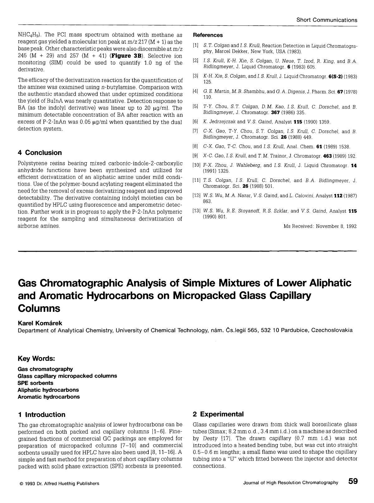 Gas chromatographic analysis of simple mixtures of lower aliphatic and aromatic hydrocarbons on micropacked glass capillary columns by Unknown