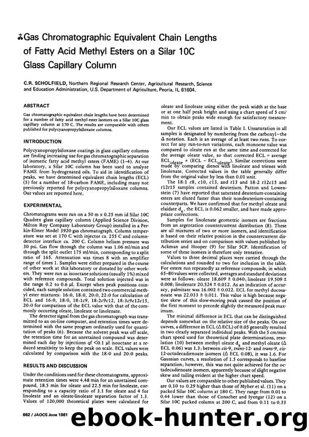 Gas chromatographic equivalent chain lengths of fatty acid methyl esters on a silar 10C glass capillary column by Unknown