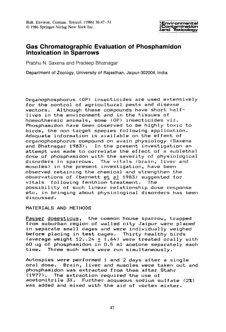 Gas chromatographic evaluation of phosphamidon intoxication in sparrows by Unknown