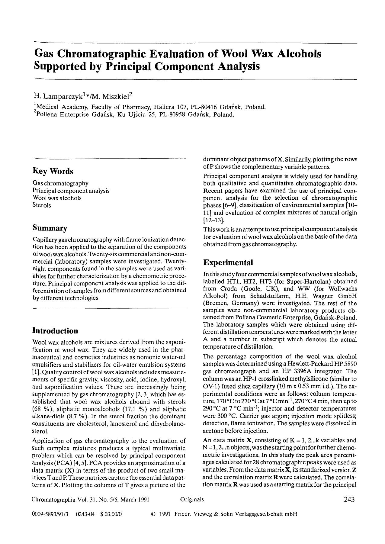 Gas chromatographic evaluation of wool wax alcohols supported by principal component analysis by Unknown