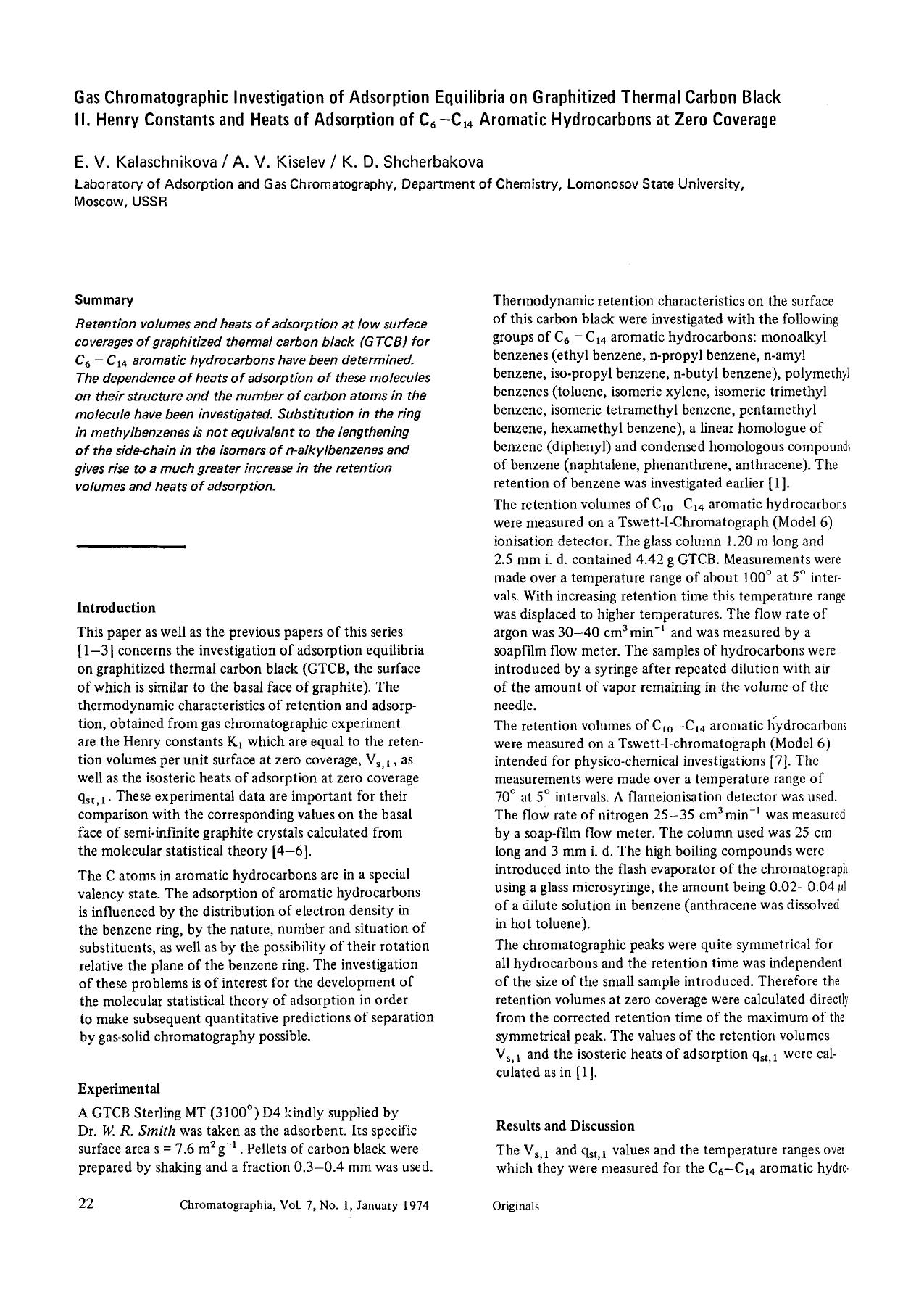 Gas chromatographic investigation of adsorption equilibria on graphitized thermal carbon black by Unknown