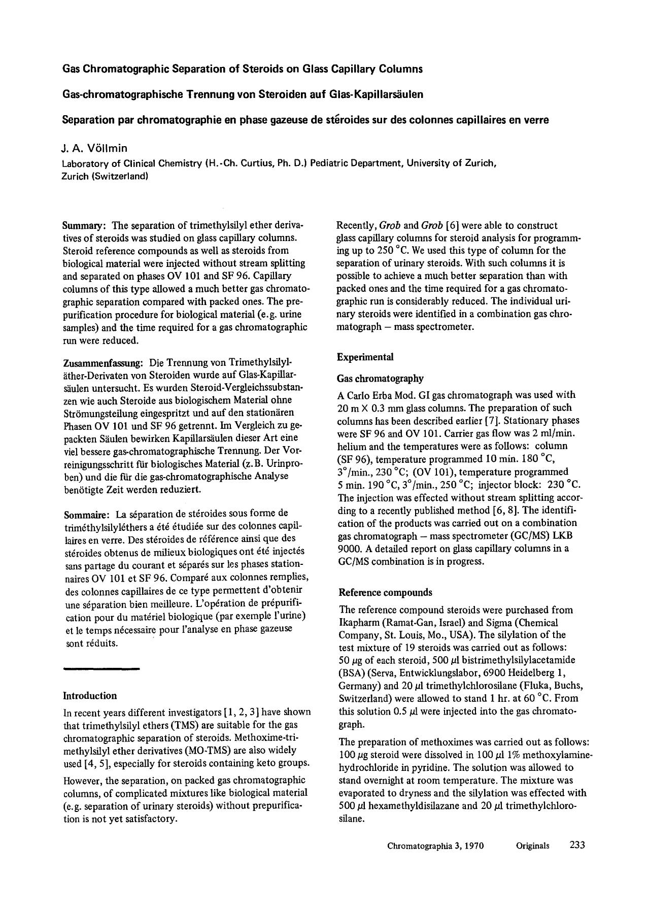 Gas chromatographic separation of steroids on glass capillary columns by Unknown