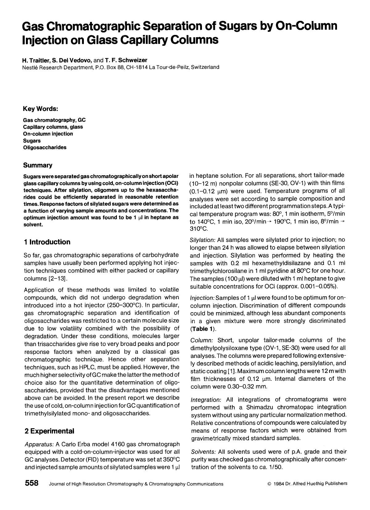 Gas chromatographic separation of sugars by on-column injection on glass capillary columns by Unknown