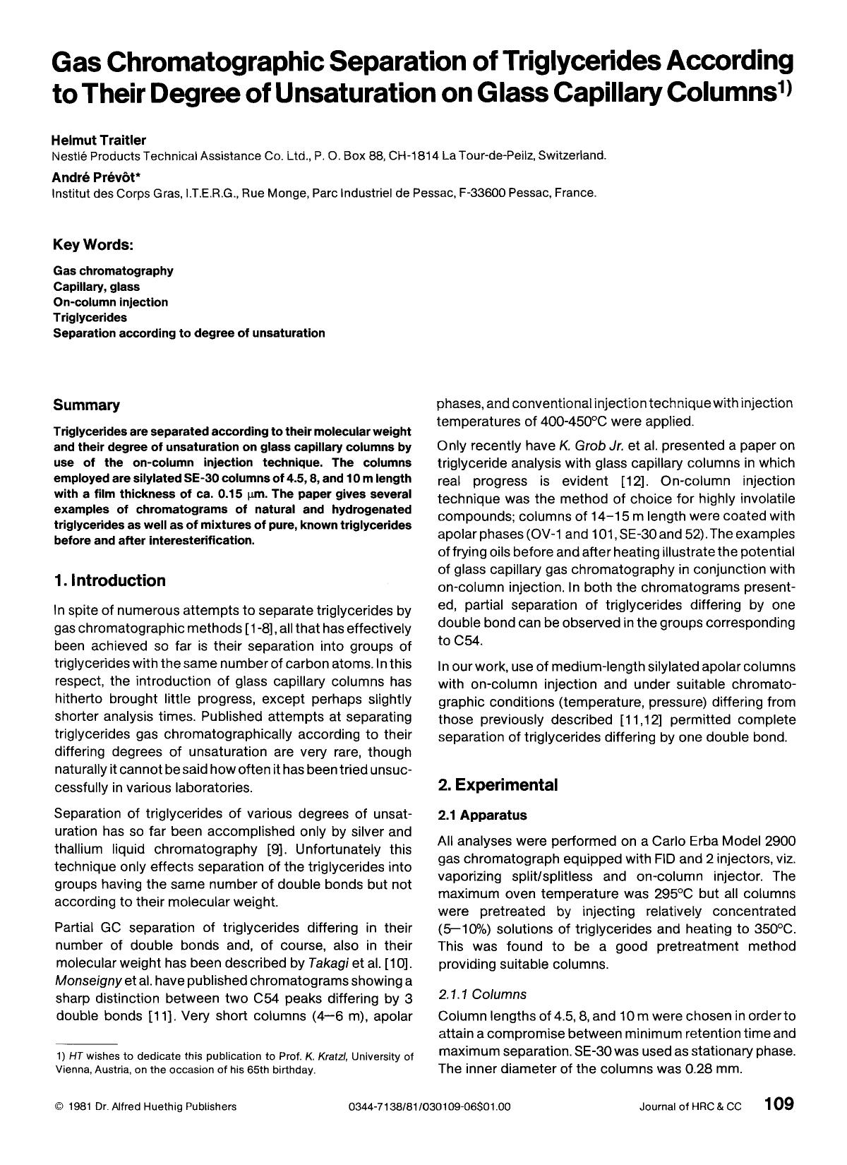 Gas chromatographic separation of triglycerides according to their degree of unsaturation on glass capillary columns by Unknown