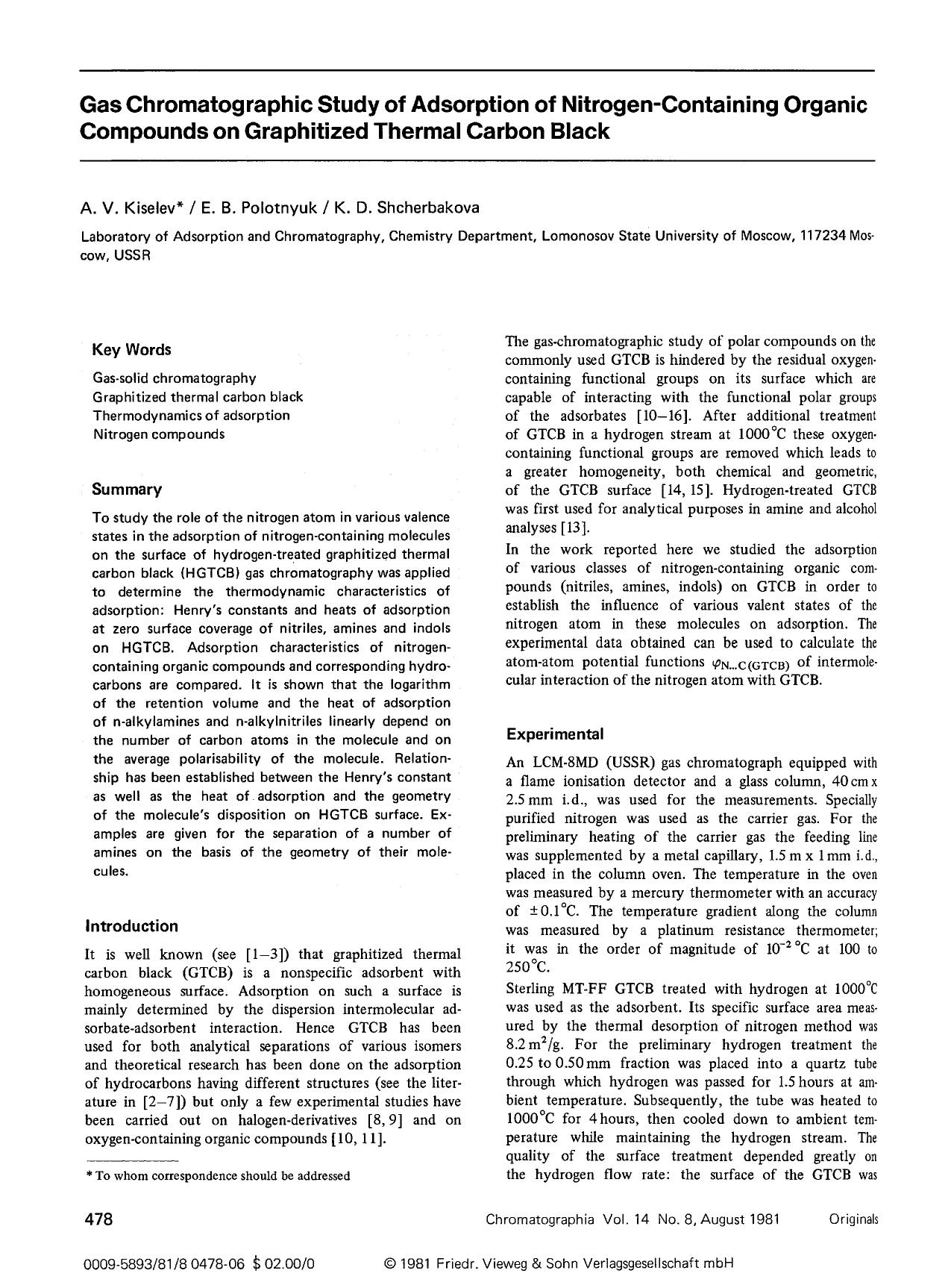 Gas chromatographic study of adsorption of nitrogen-containing organic compounds on graphitized thermal carbon black by Unknown