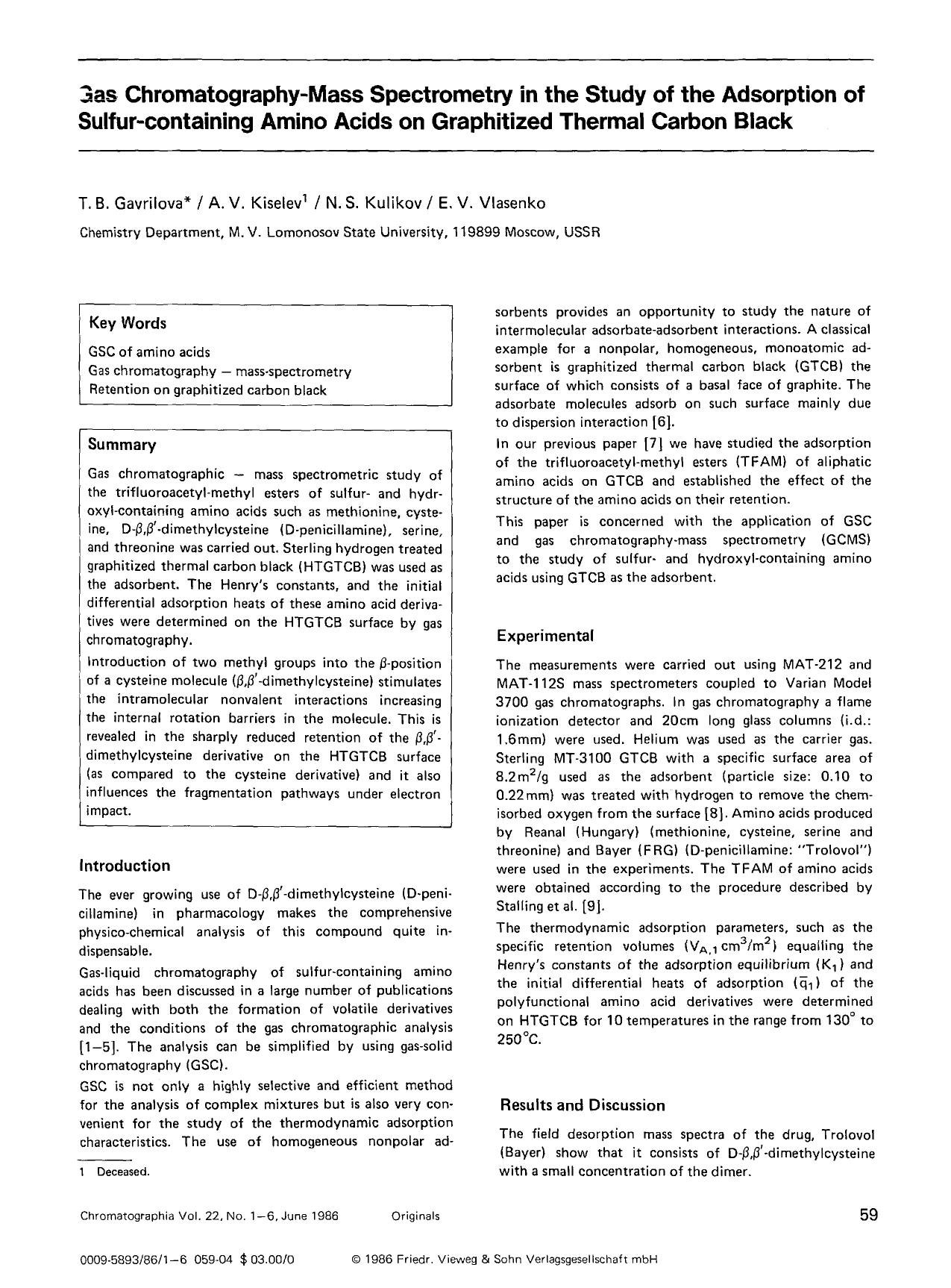 Gas chromatography-mass spectrometry in the study of the adsorption of sulfur-containing amino acids on graphitized thermal carbon black by Unknown