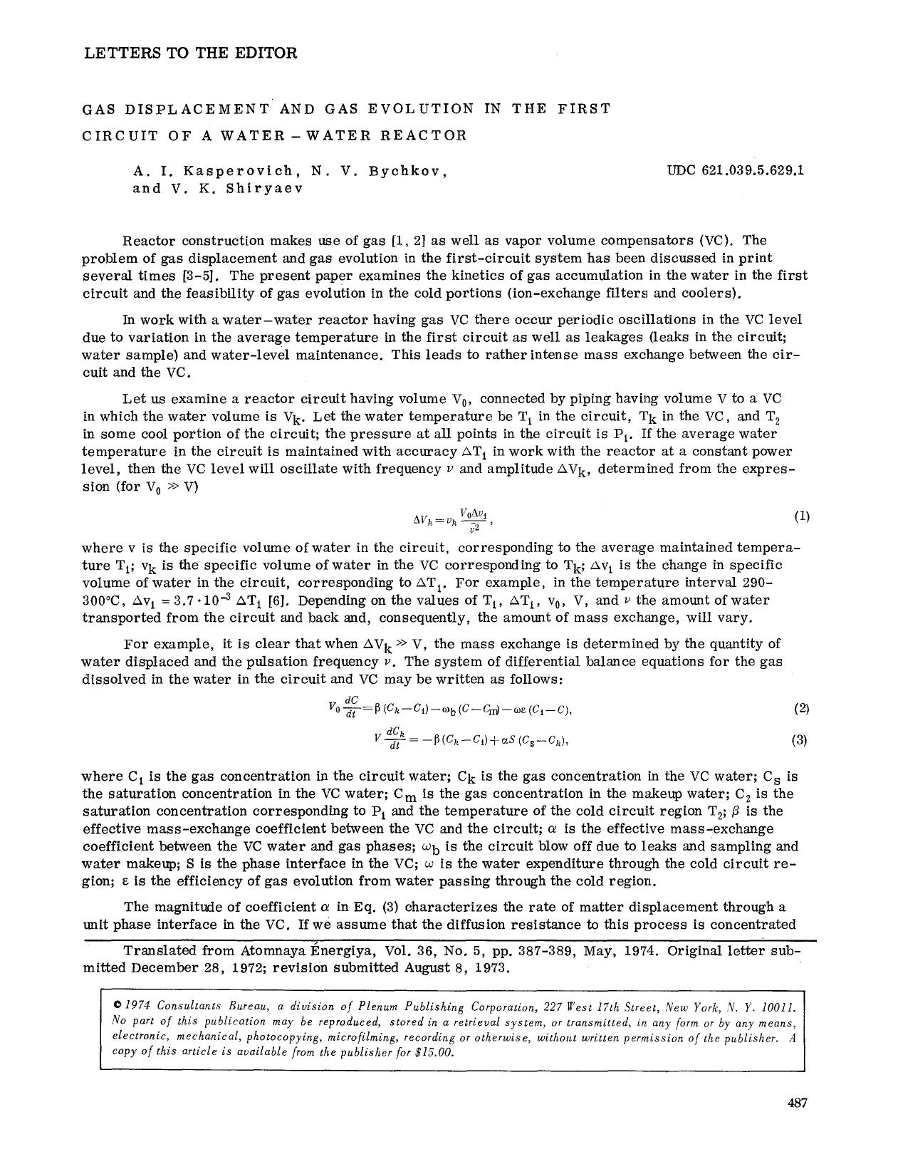 Gas displacement and gas evolution in the first circuit of a water-water reactor by Unknown