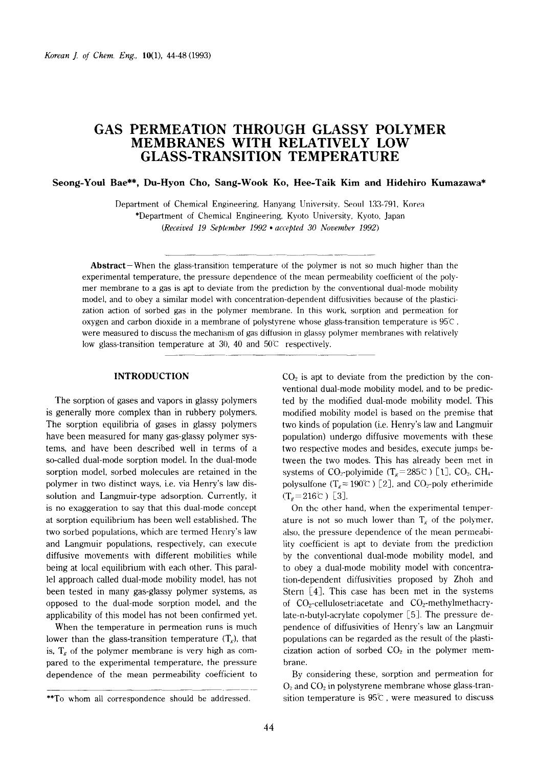 Gas permeation through glassy polymer membranes with relatively low glass-transition temperature by Unknown