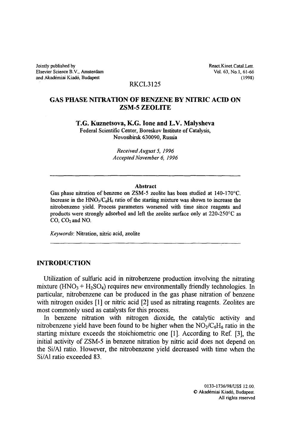 Gas phase nitration of benzene by nitric acid on ZSM-5 zeolite by Unknown