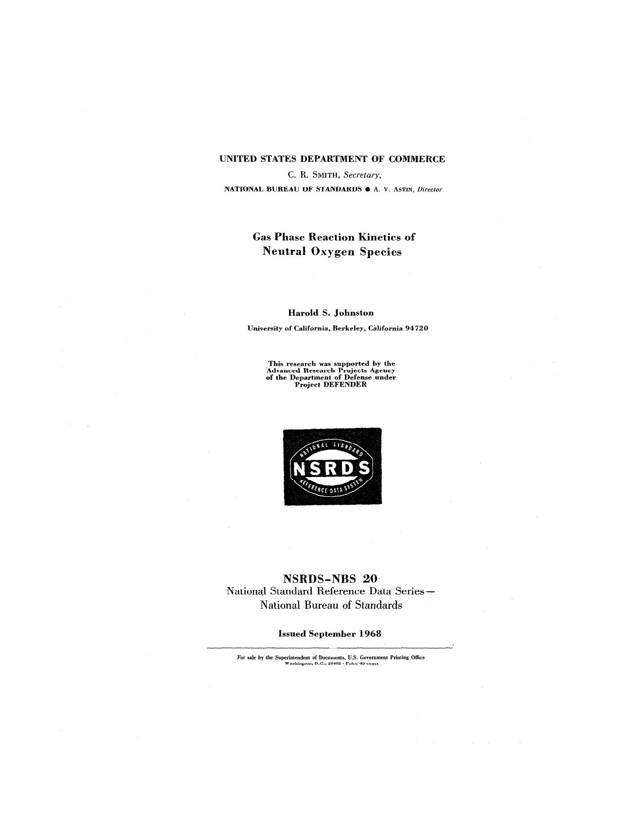 Gas phase reaction kinetics of neutral oxygen species by Johnston Harold S