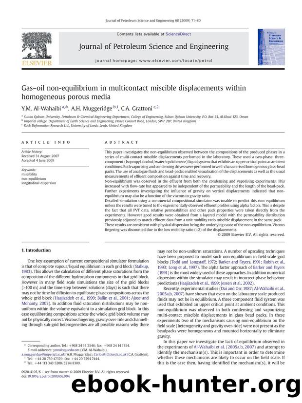 Gasâoil non-equilibrium in multicontact miscible displacements within homogeneous porous media by Y.M. Al-Wahaibi; A.H. Muggeridge; C.A. Grattoni