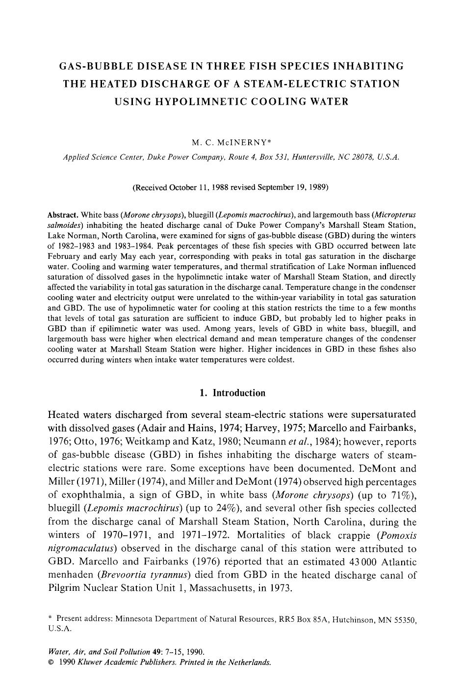 Gas-bubble disease in three fish species inhabiting the heated discharge of a steam-electric station using hypolimnetic cooling water by Unknown