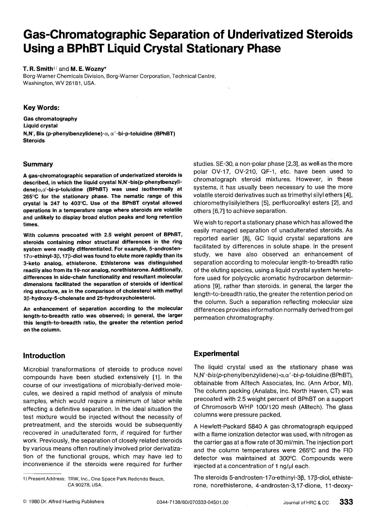 Gas-chromatographic separation of underivatized steroids using a BPhBT liquid crystal stationary phase by Unknown