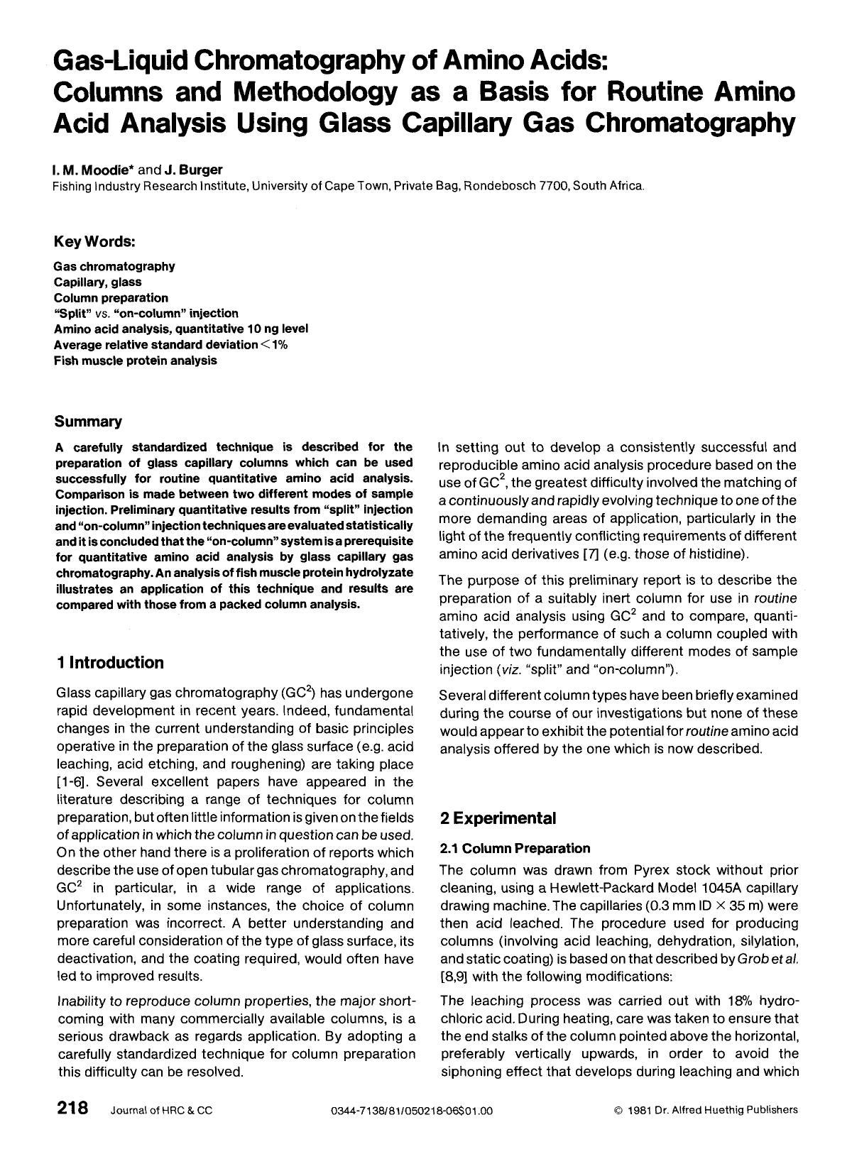 Gas-liquid chromatography of amino acids: Columns and methodology as a basis for routine amino acid analysis using glass capillary gas chromatography by Unknown