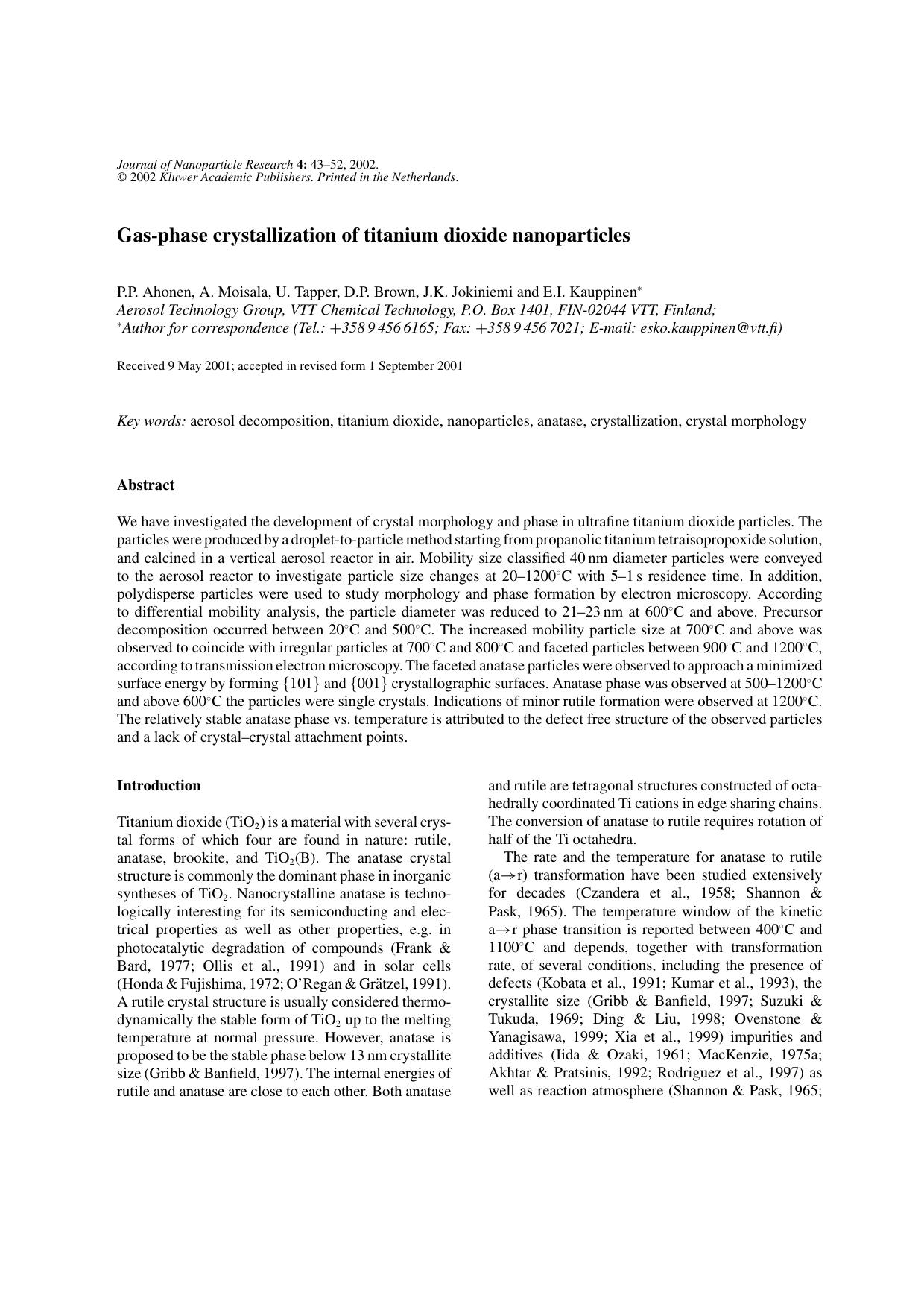 Gas-phase Crystallization of Titanium Dioxide Nanoparticles by Unknown