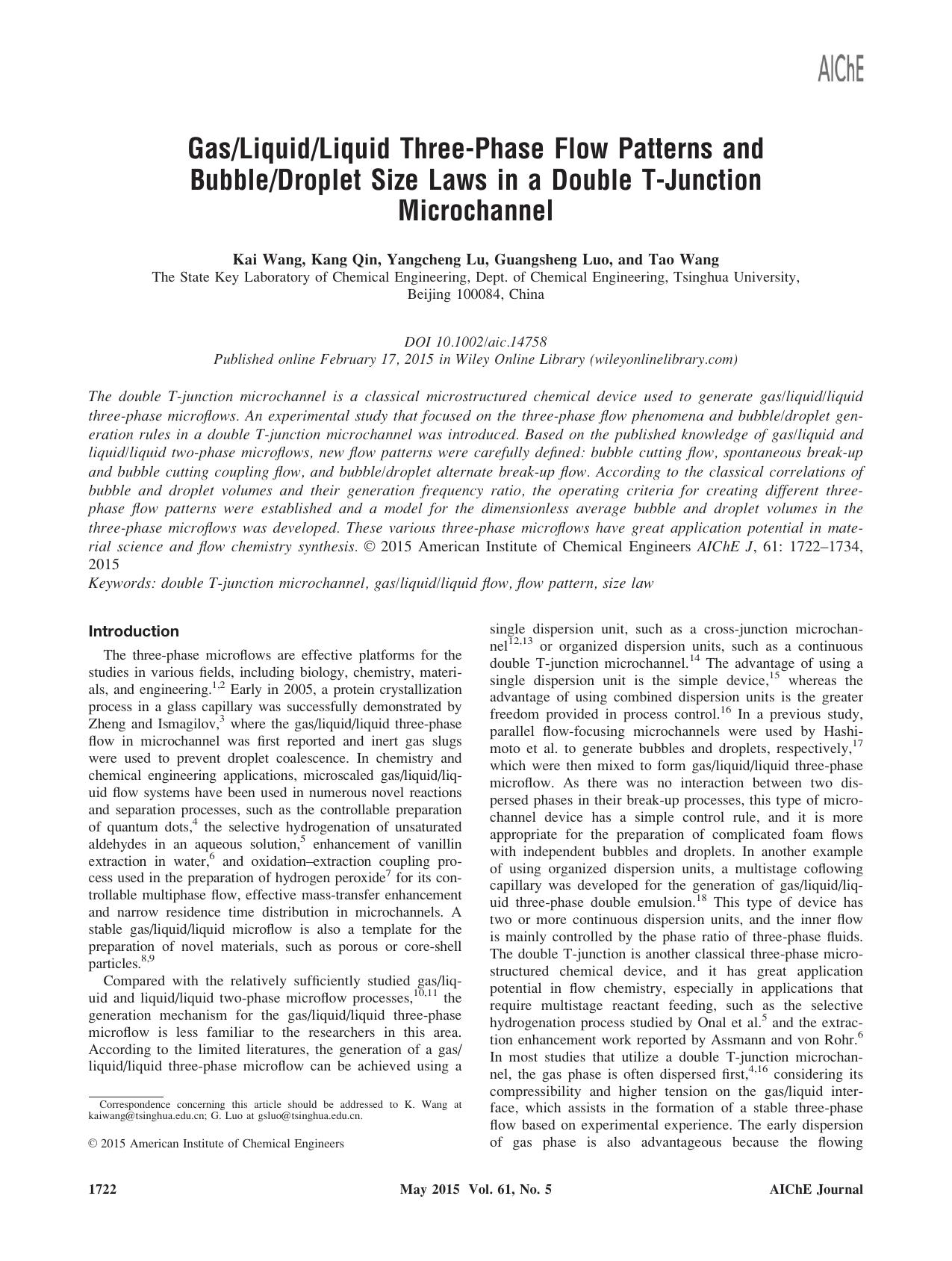 Gasliquidliquid three‐phase flow patterns and bubbledroplet size laws in a double t‐junction microchannel by Unknown