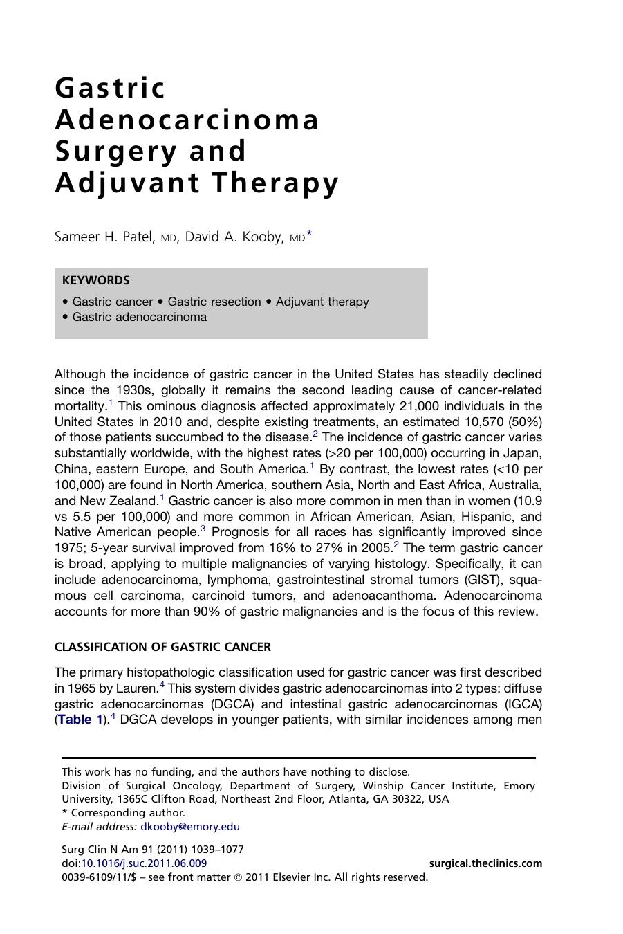 Gastric Adenocarcinoma Surgery and Adjuvant Therapy by Sameer H. Patel MD & David A. Kooby MD
