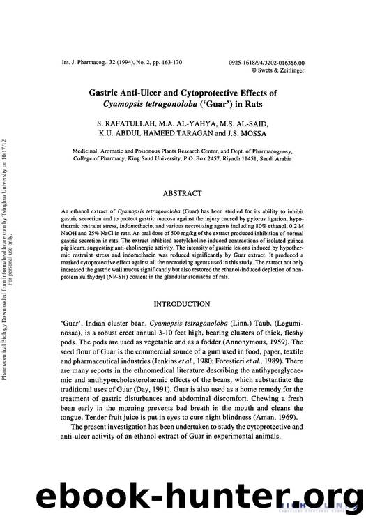 Gastric Anti-Ulcer and Cytoprotective Effects of Cyamopsis tetragonoloba (âGuarâ) in Rats by S. Rafatullah M. A. Al-Yahya M. S. Al-Said K. U. Abdul Hameed Taragan & J. S. Mossa