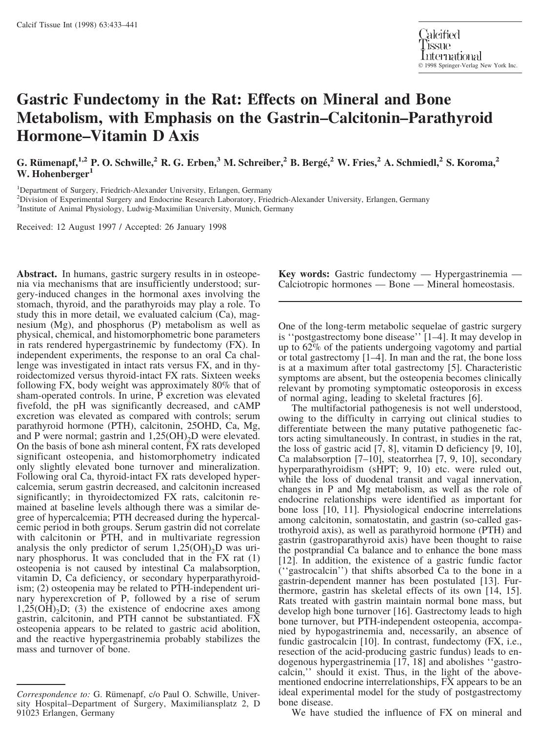 Gastric Fundectomy in the Rat: Effects on Mineral and Bone Metabolism, with Emphasis on the Gastrin-Calcitonin-Parathyroid Hormone-Vitamin D Axis by Rumenapf G. et al