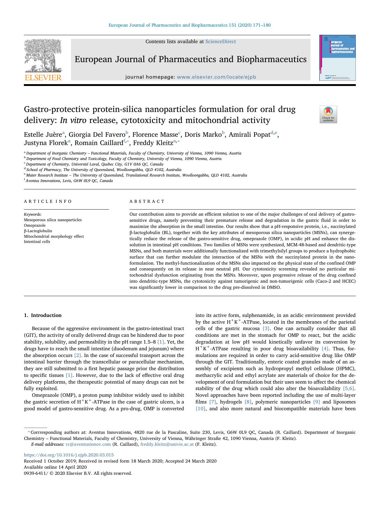 Gastro-protective protein-silica nanoparticles formulation for oral drug delivery_ In vitro release, cytotoxicity and mitochondrial activity by unknow