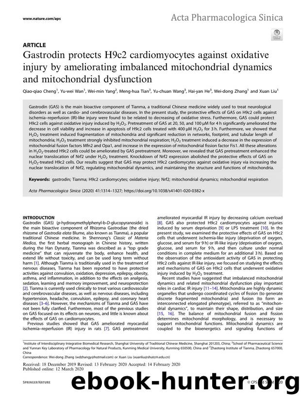 Gastrodin protects H9c2 cardiomyocytes against oxidative injury by ameliorating imbalanced mitochondrial dynamics and mitochondrial dysfunction by unknow