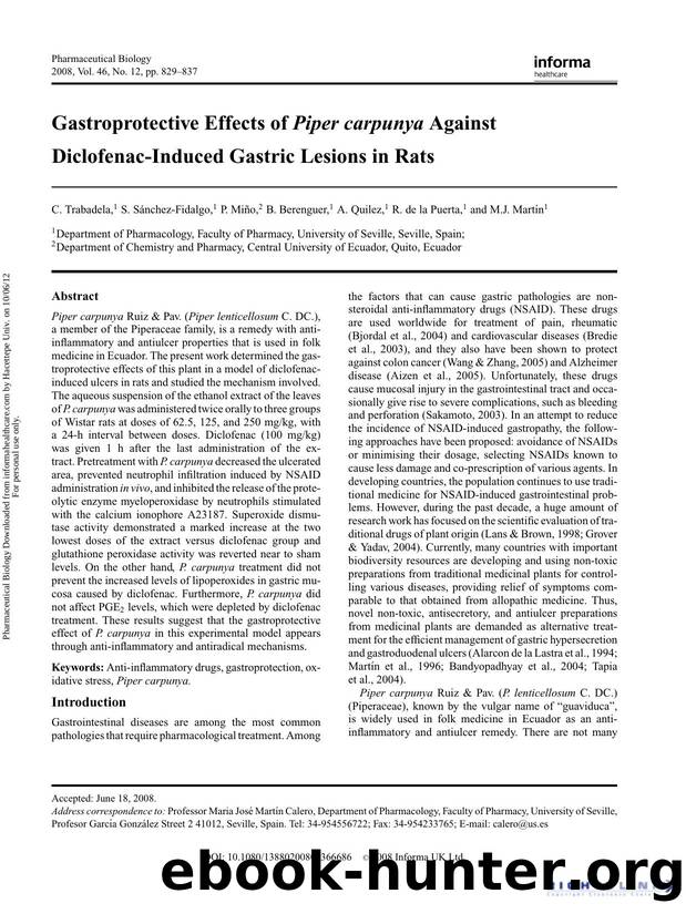 Gastroprotective Effects of Piper carpunya Against Diclofenac-Induced Gastric Lesions in Rats by C. Trabadela S. Sánchez-Fidalgo P. Miño B. Berenguer A. Quilez R. de la Puerta & M.J. Martín
