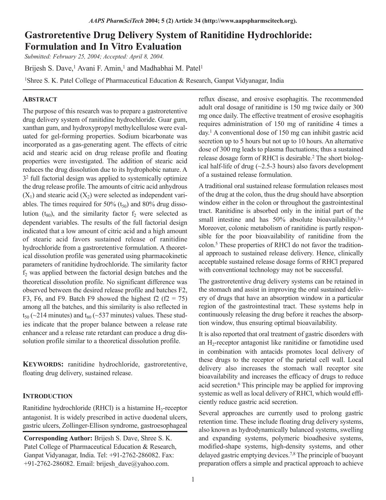 Gastroretentive drug delivery system of ranitidine hydrochloride: Formulation and in vitro evaluation by Unknown