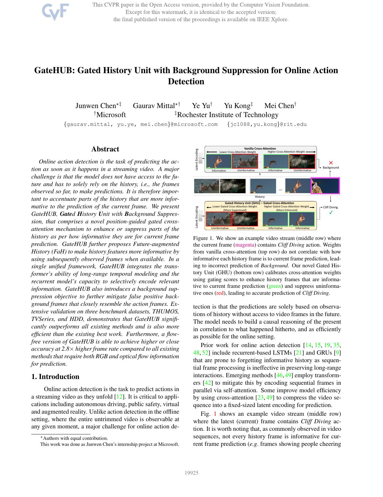 GateHUB: Gated History Unit With Background Suppression for Online Action Detection by Junwen Chen & Gaurav Mittal & Ye Yu & Yu Kong & Mei Chen