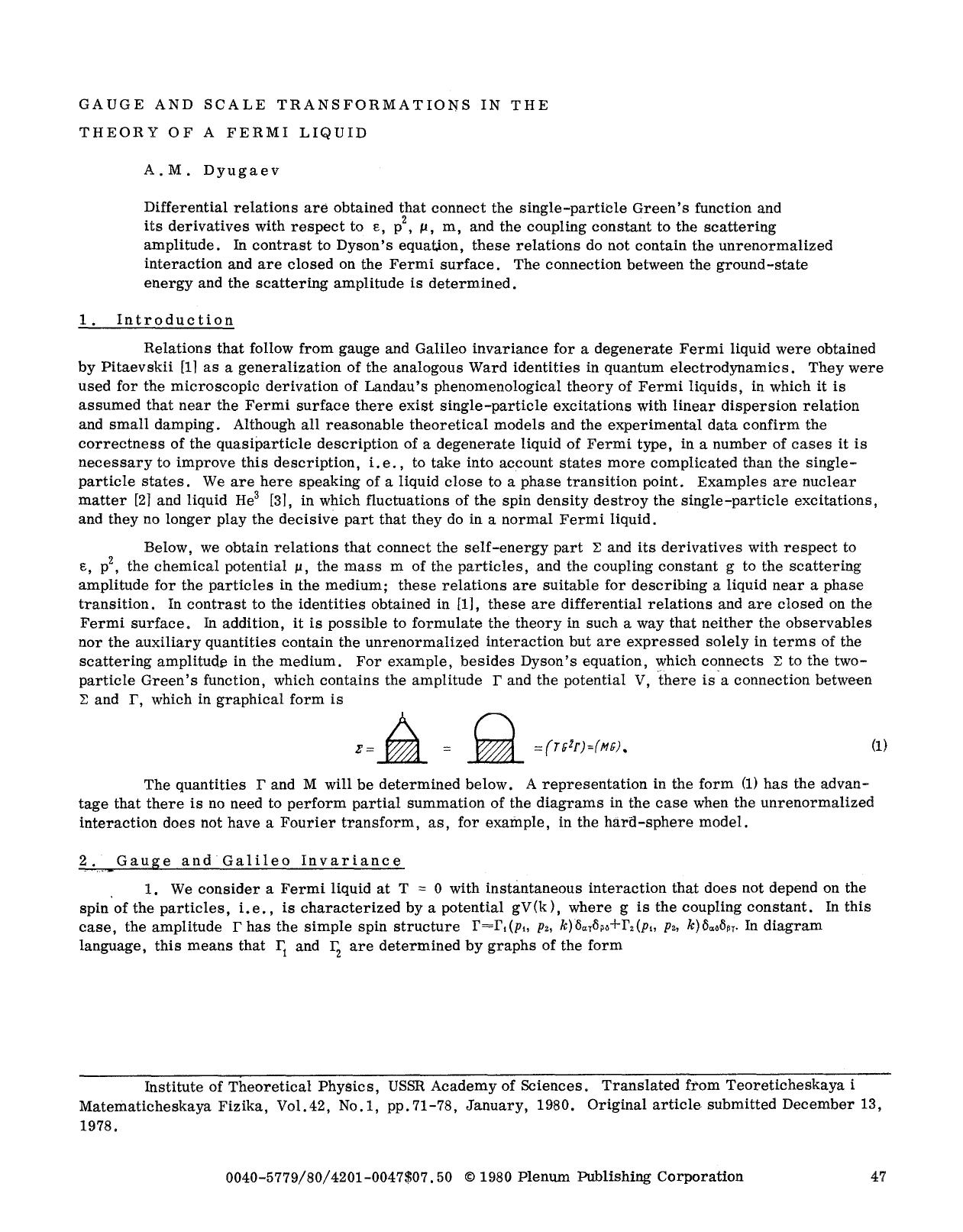 Gauge and scale transformations in the theory of a Fermi liquid by Unknown
