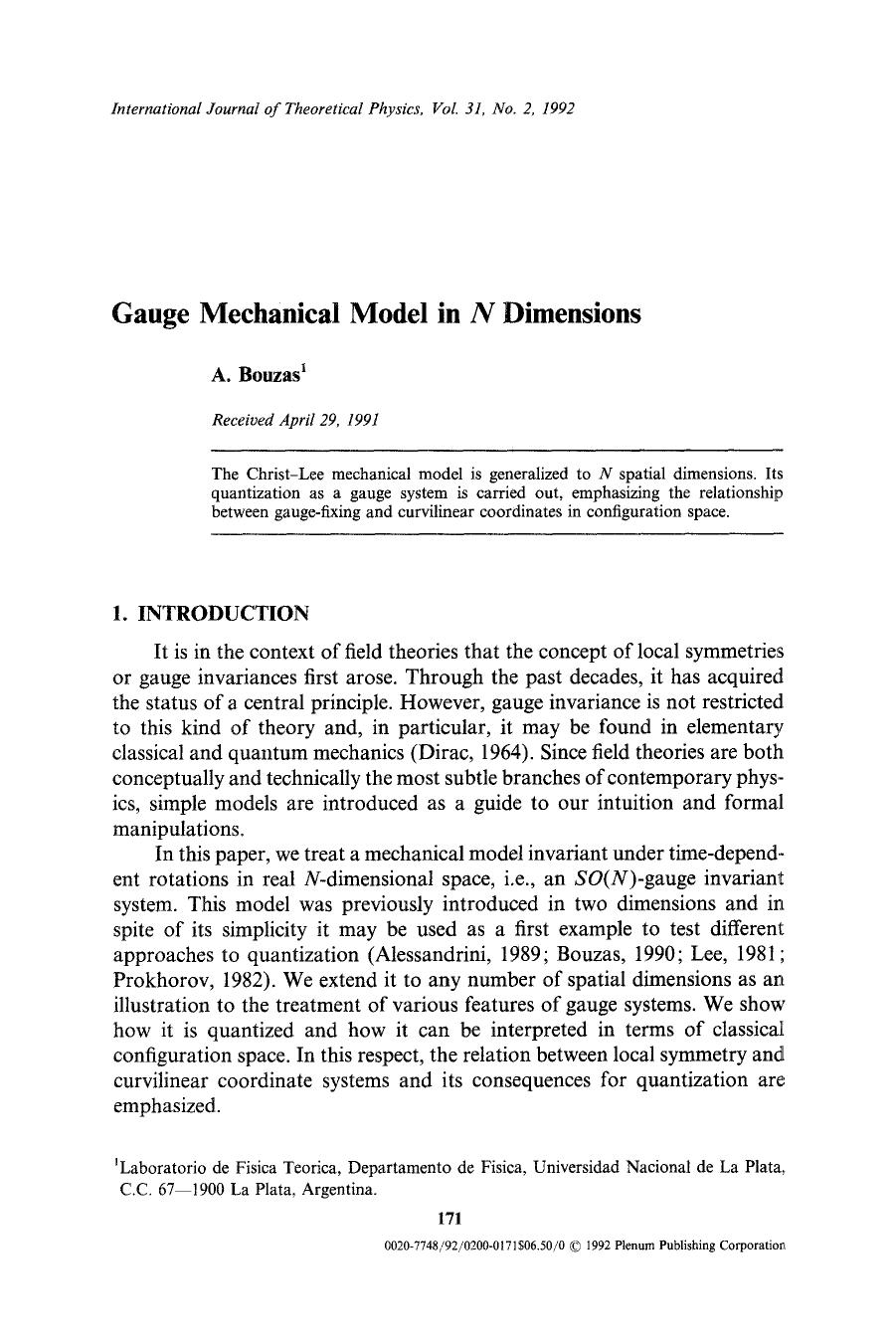 Gauge mechanical model in <Emphasis Type="Italic">N <Emphasis> dimensions by Unknown
