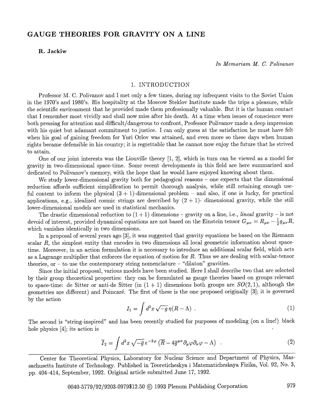 Gauge theories for gravity on a line by Unknown