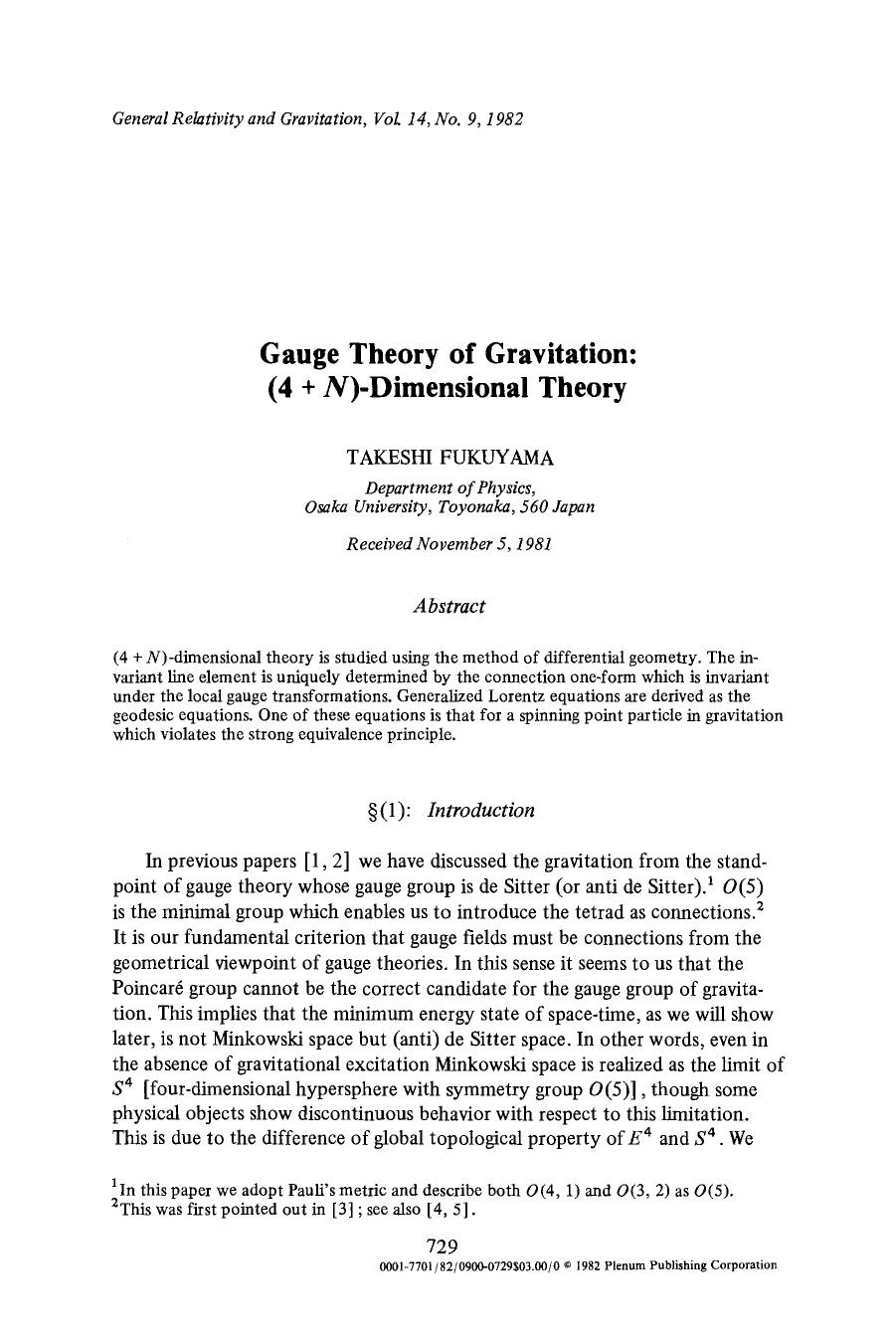 Gauge theory of gravitation: (4&#x002B; <Emphasis Type="Italic">N <Emphasis>)-dimensional theory by Unknown