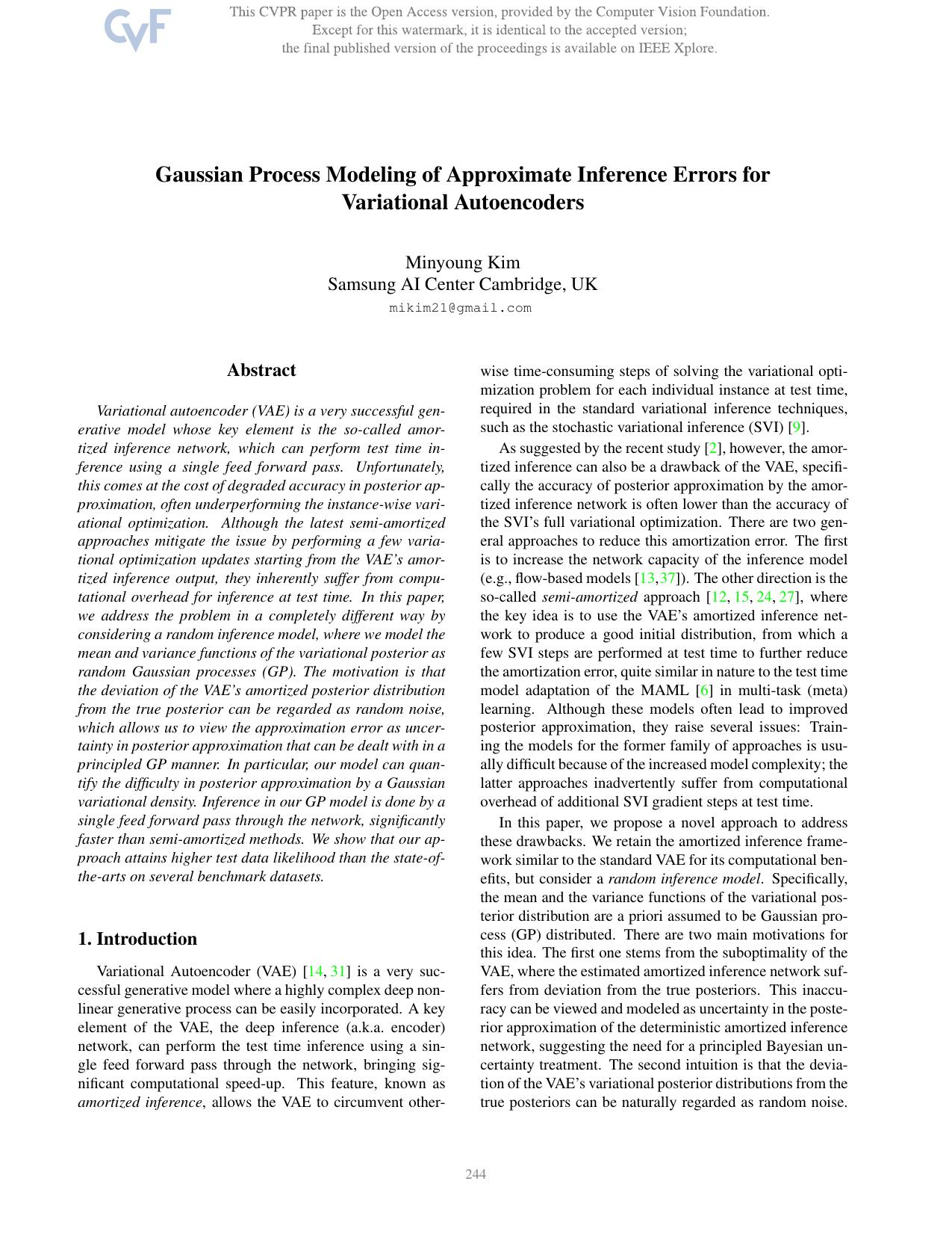 Gaussian Process Modeling of Approximate Inference Errors for Variational Autoencoders by Minyoung Kim
