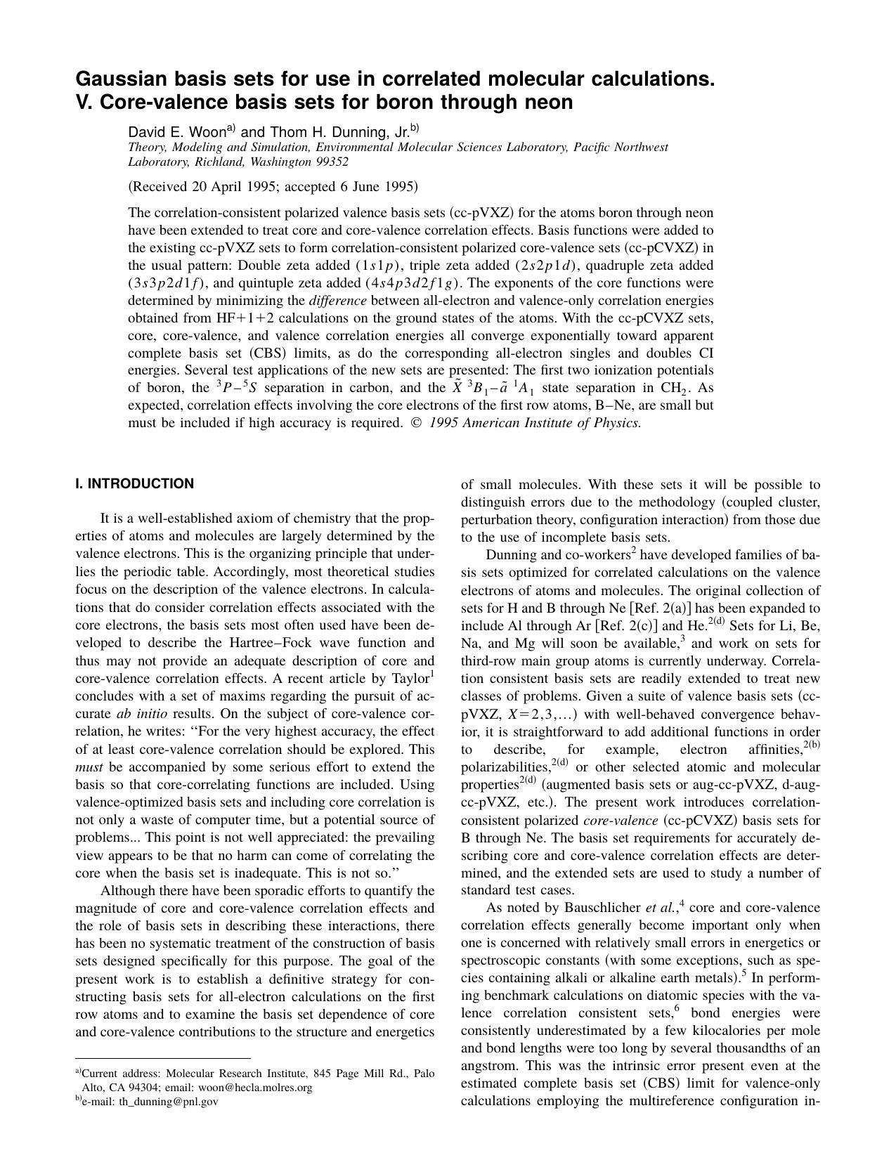 Gaussian basis sets for use in correlated molecular calculations. V. Core-valence basis sets for boron through neon by David E. Woon and Thom H. Dunning & Jr