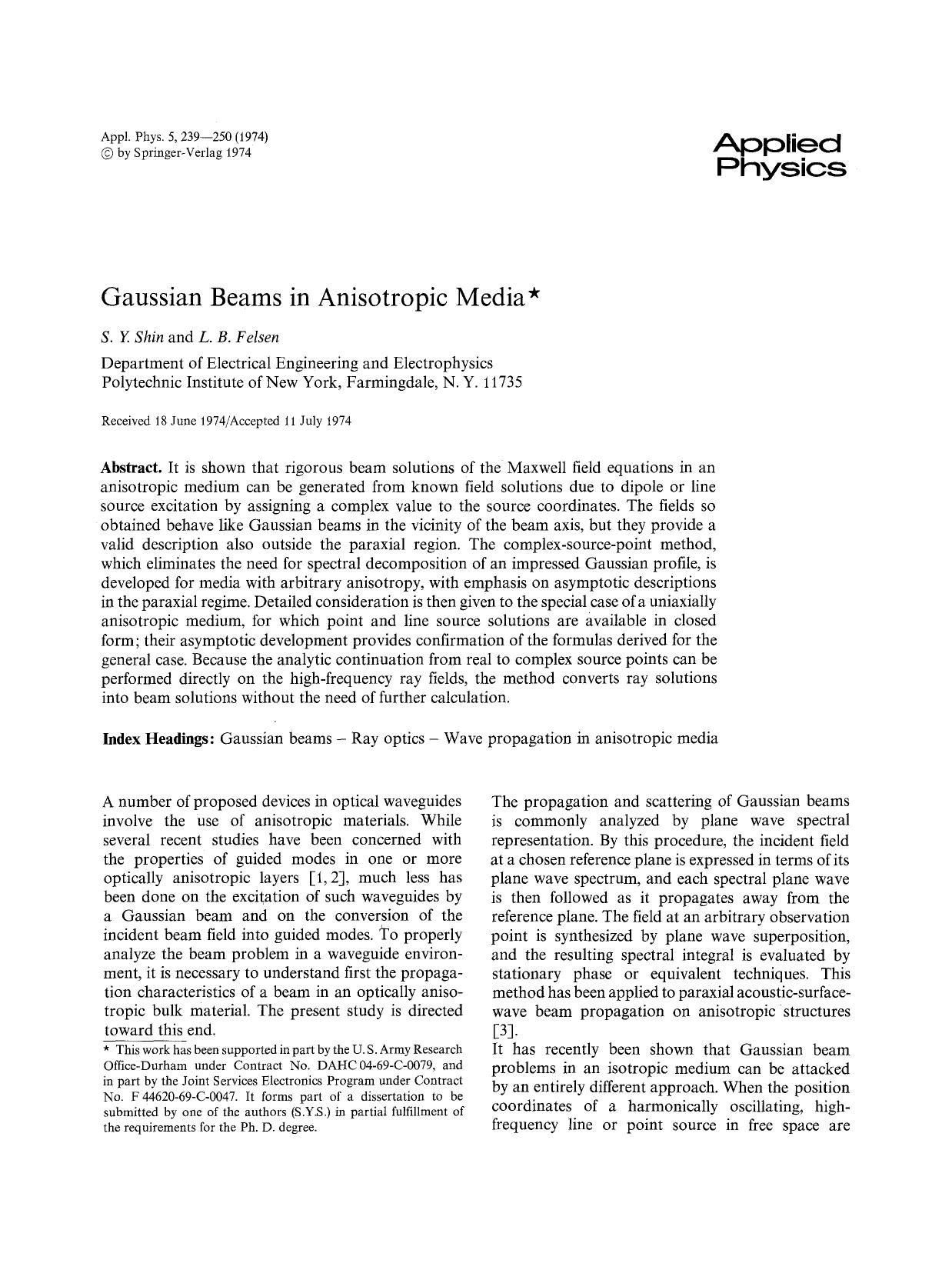 Gaussian beams in anisotropic media by Unknown
