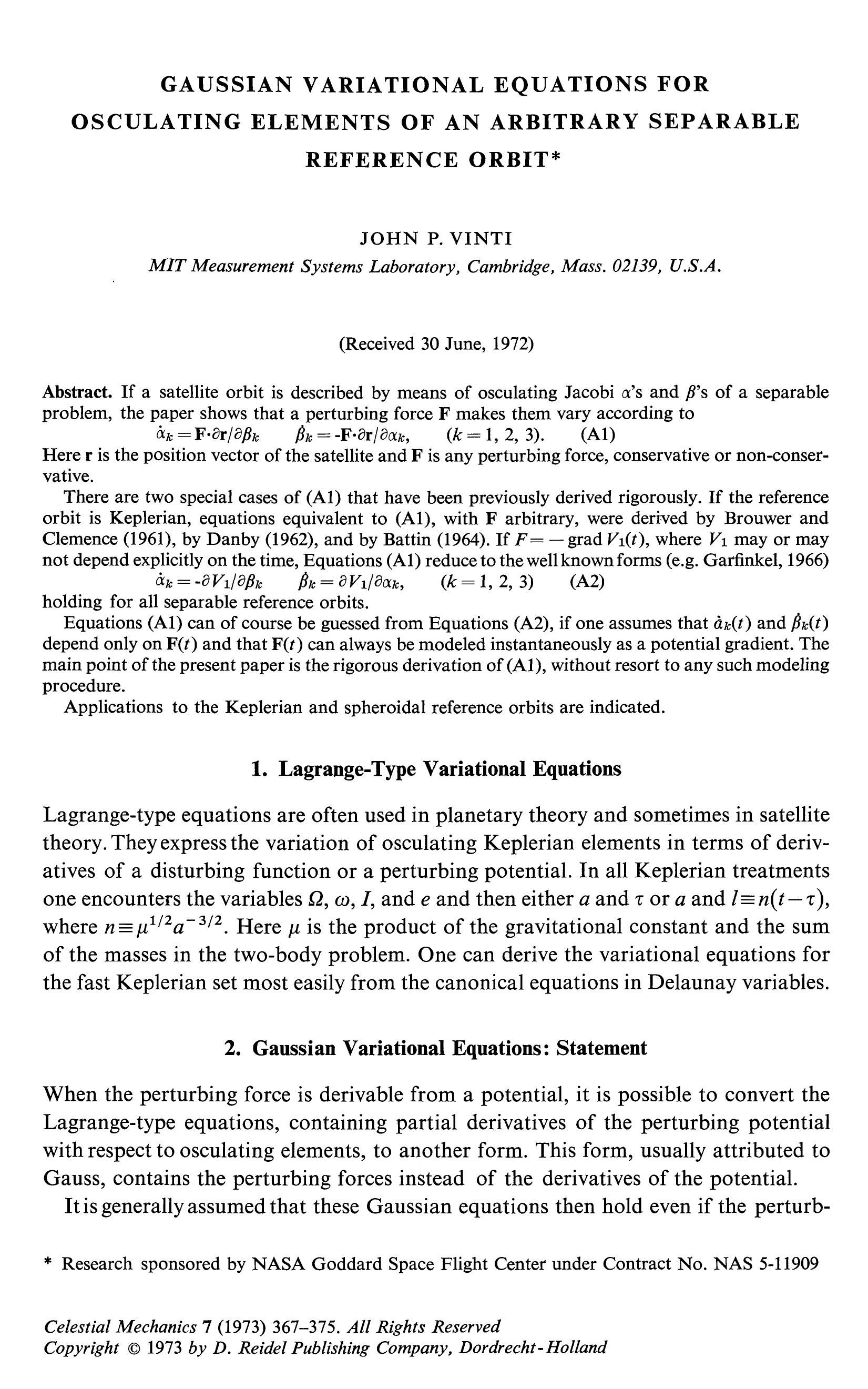 Gaussian variational equations for osculating elements of an arbitrary separable reference orbit by Unknown