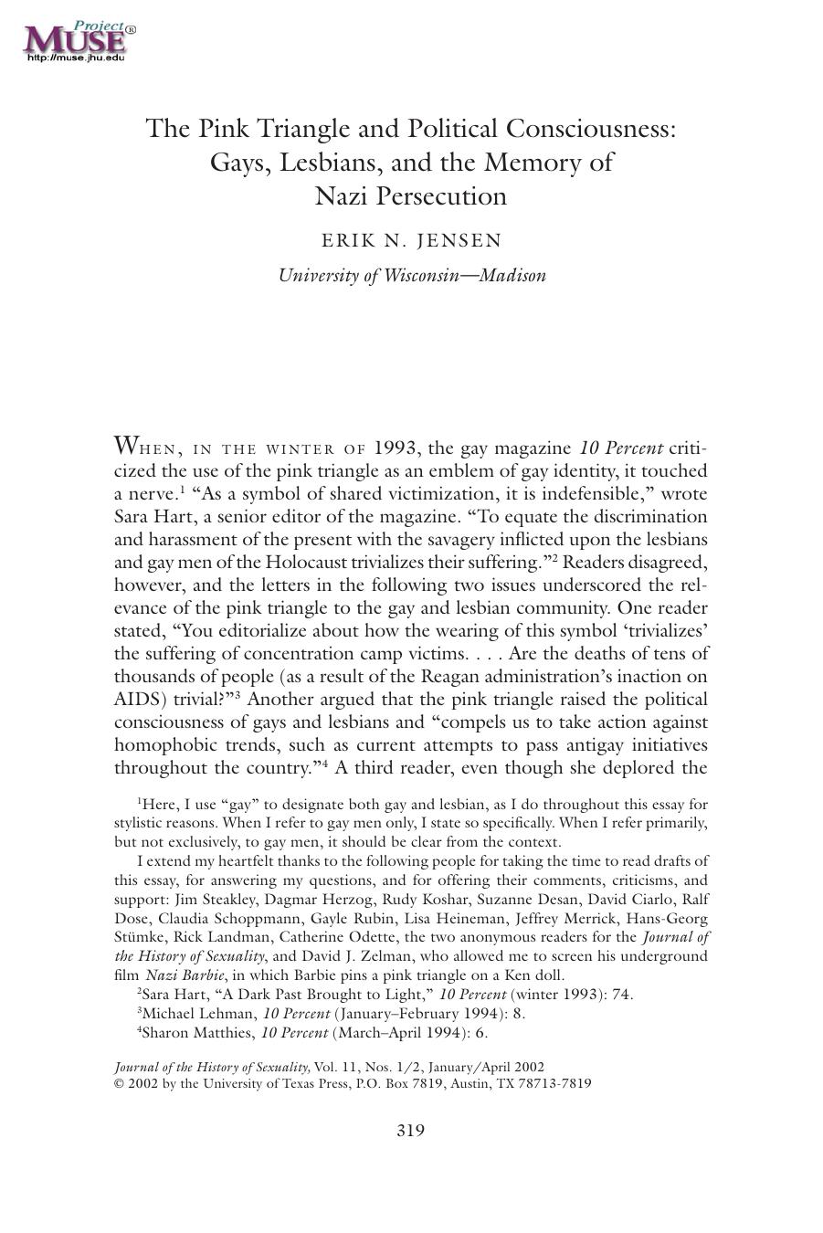 Gays, Lesbians, and the Memory of Nazi Persecution by ERIK N. JENSEN