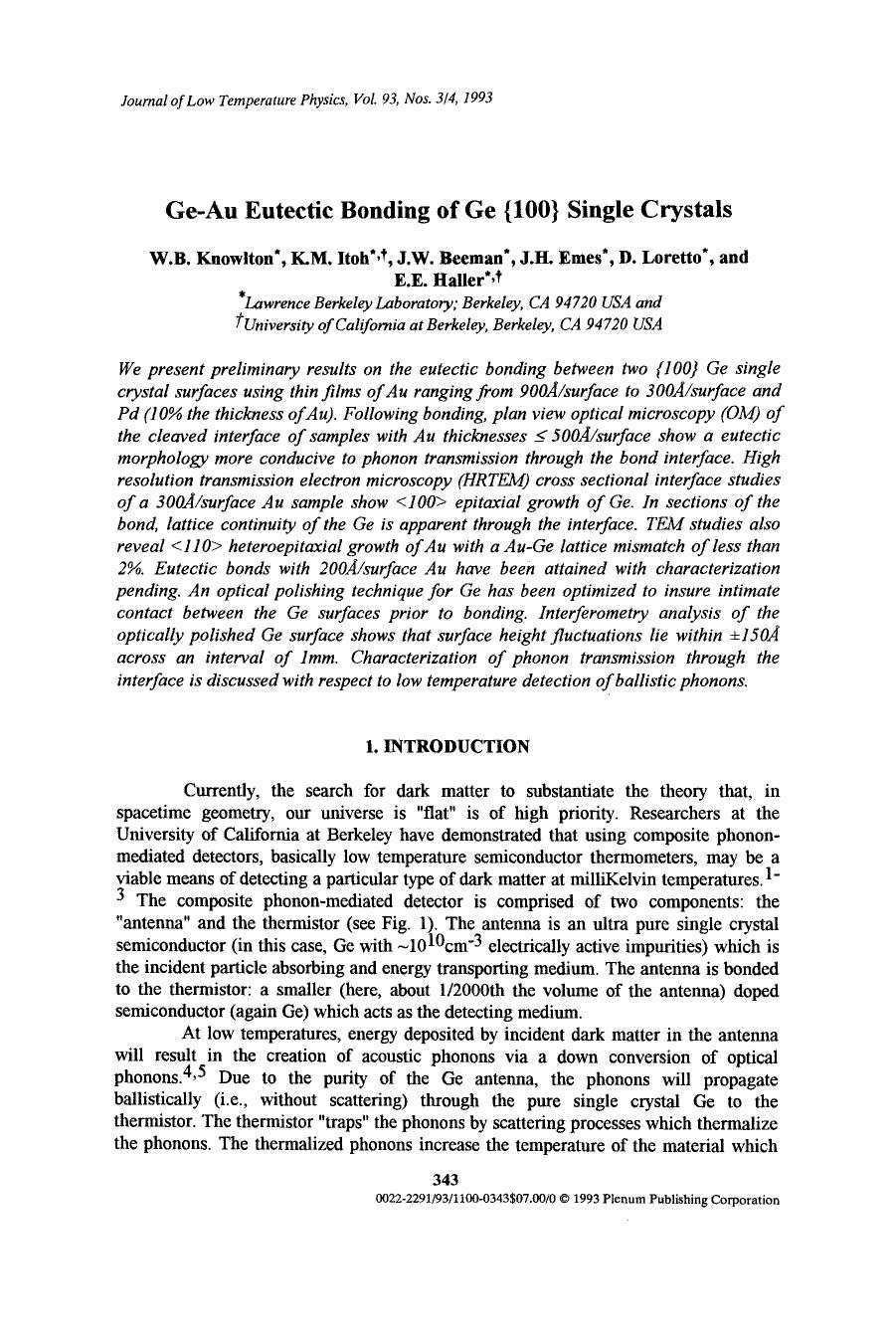 Ge-Au eutectic bonding of Ge {100} single crystals by Unknown