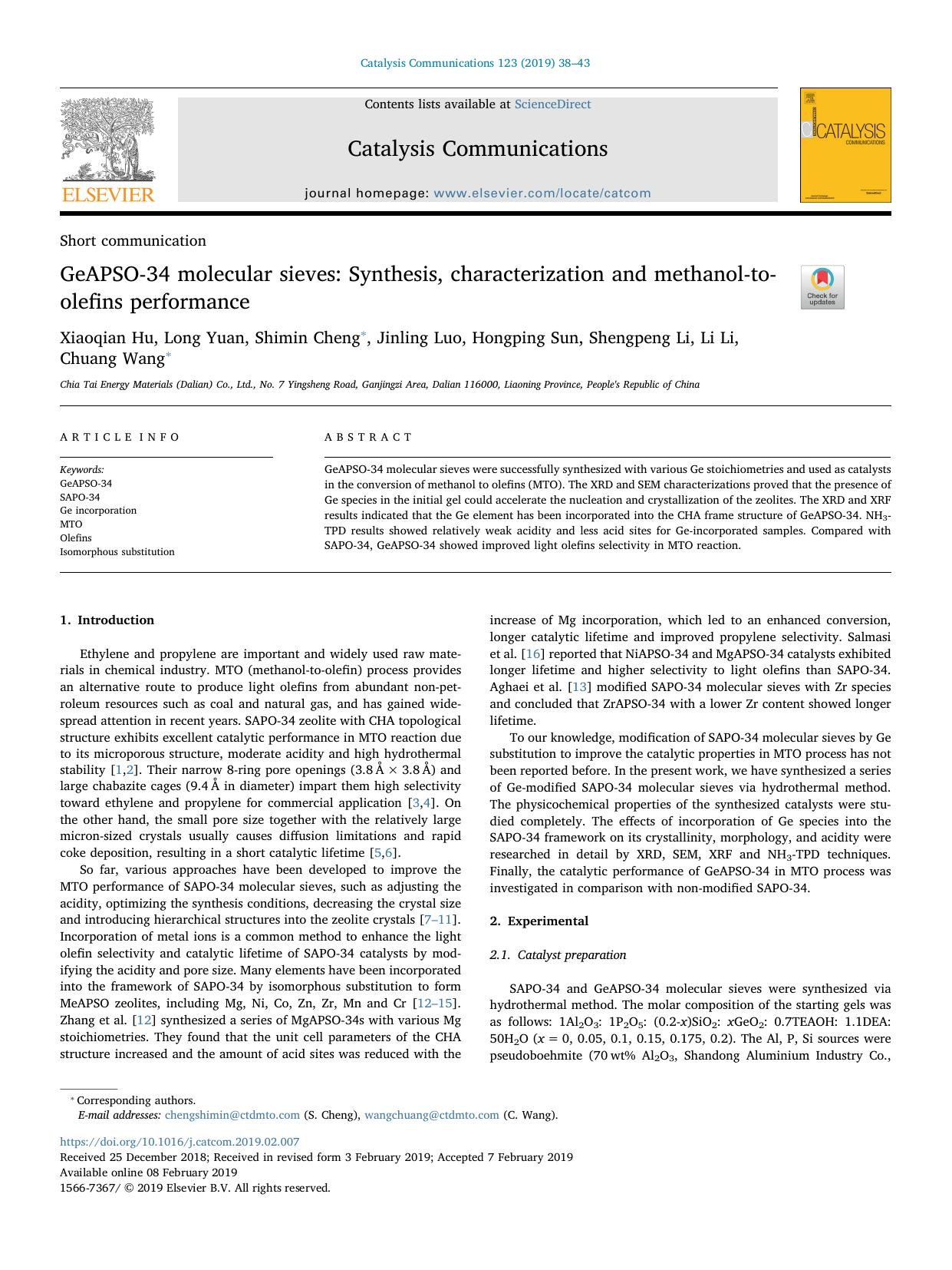 GeAPSO-34 molecular sieves_ Synthesis, characterization and methanol-to-olefins performance by unknow