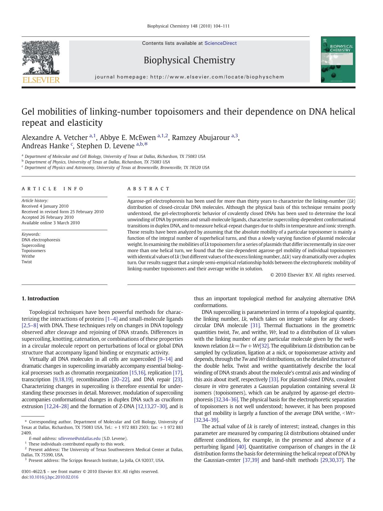 Gel mobilities of linking-number topoisomers and their dependence on DNA helical repeat and elasticity by Alexandre A. Vetcher; Abbye E. McEwen; Ramzey Abujarour; Andreas Hanke; Stephen D. Levene