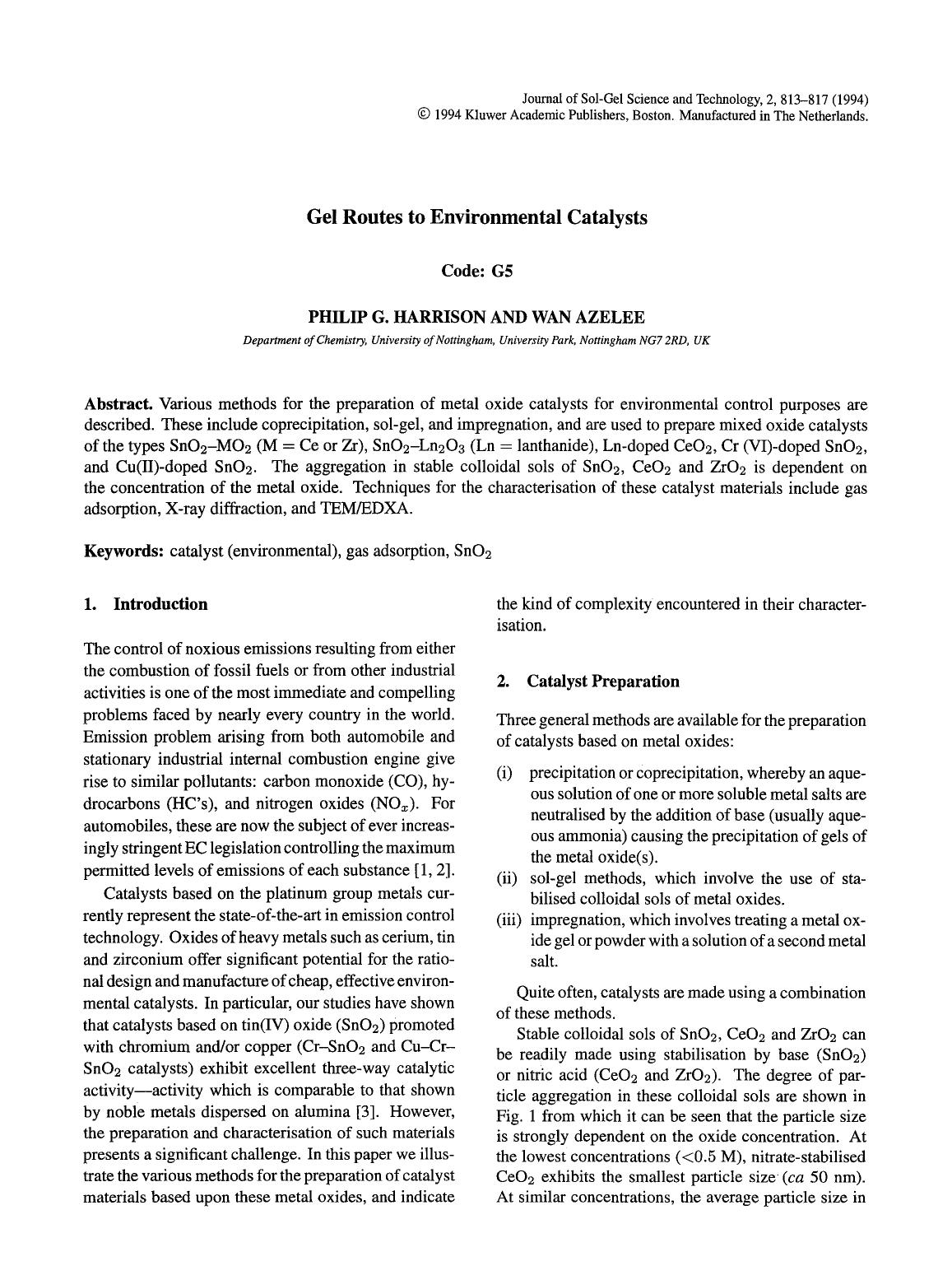 Gel routes to environmental catalysts by Unknown