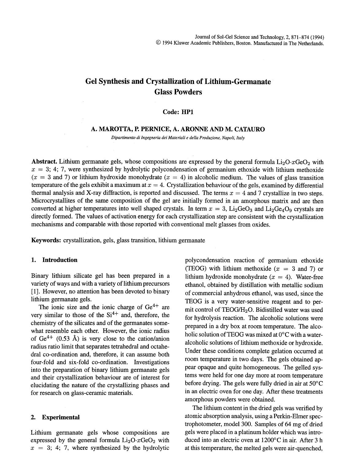 Gel synthesis and crystallization of lithium-germanate glass powders by Unknown
