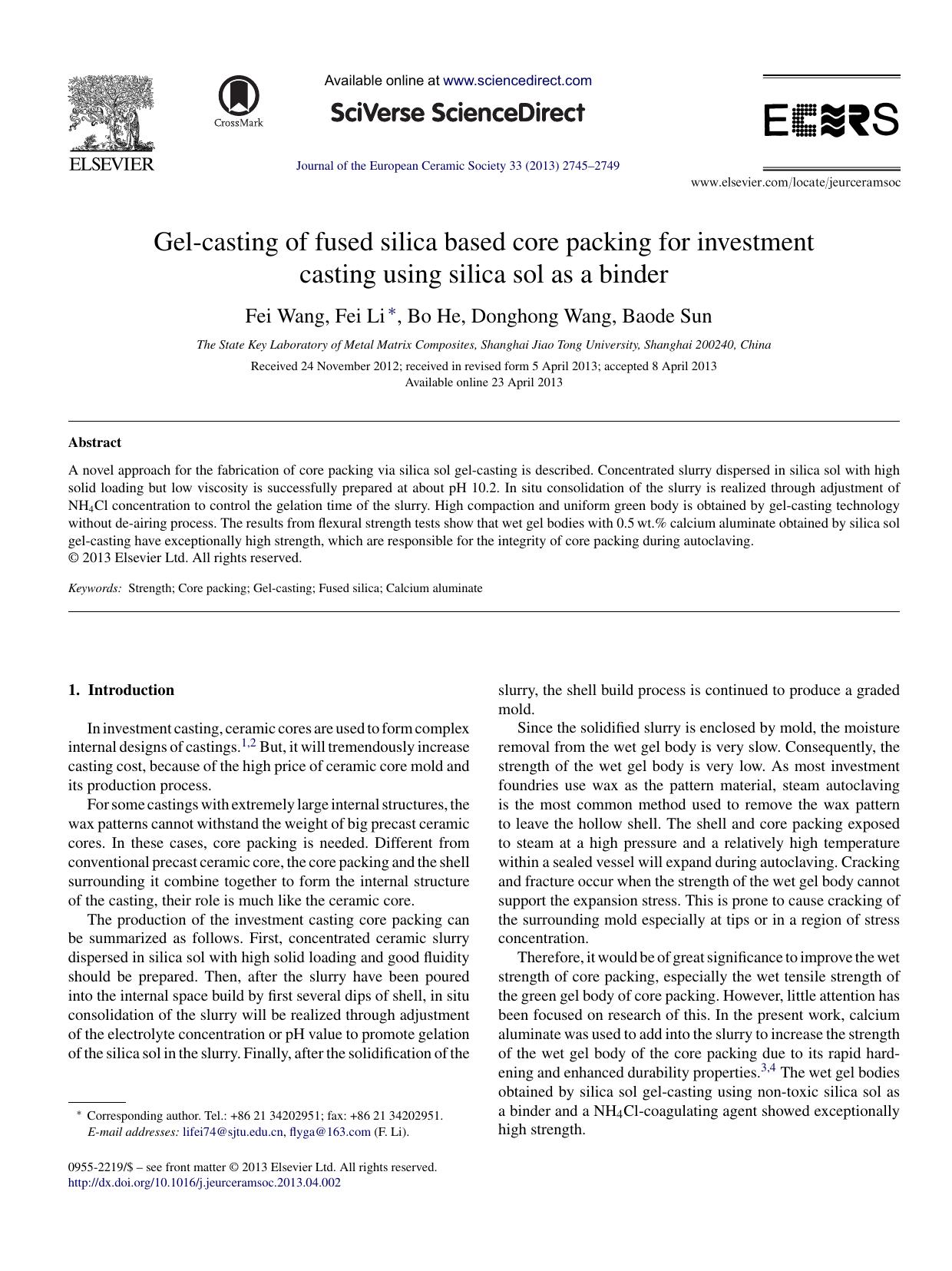 Gel-casting of fused silica based core packing for investment casting using silica sol as a binder by Fei Wang