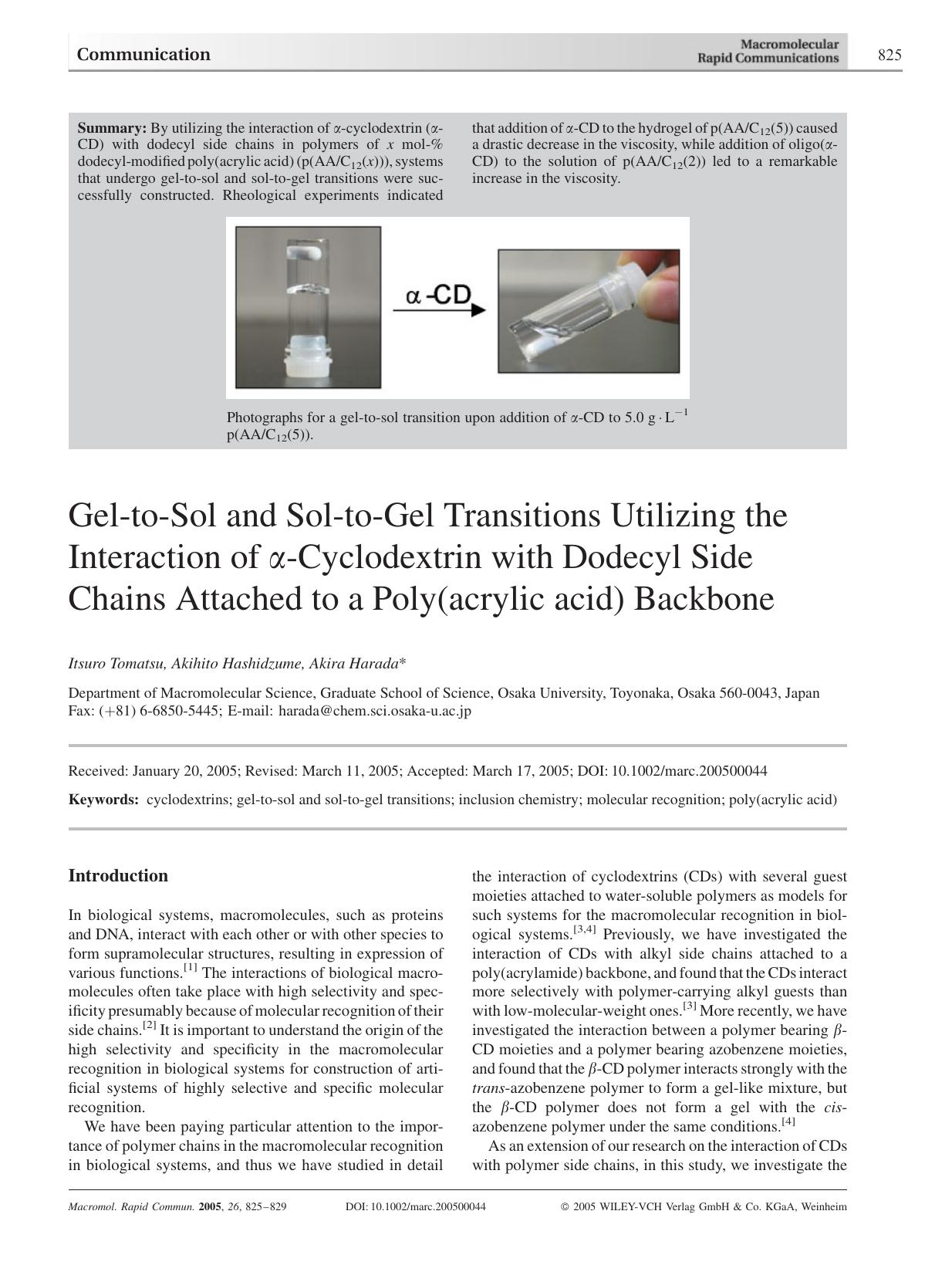 Gel-to-Sol and Sol-to-Gel Transitions Utilizing the Interaction of [alpha]-Cyclodextrin with Dodecyl Side Chains Attached to a Poly(acrylic acid) Backbone by Unknown