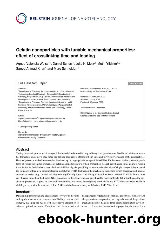 Gelatin nanoparticles with tunable mechanical properties: effect of crosslinking time and loading by Agnes-Valencia Weiss Daniel Schorr Julia K. Metz Metin Yildirim Saeed Ahmad Khan Marc Schneider